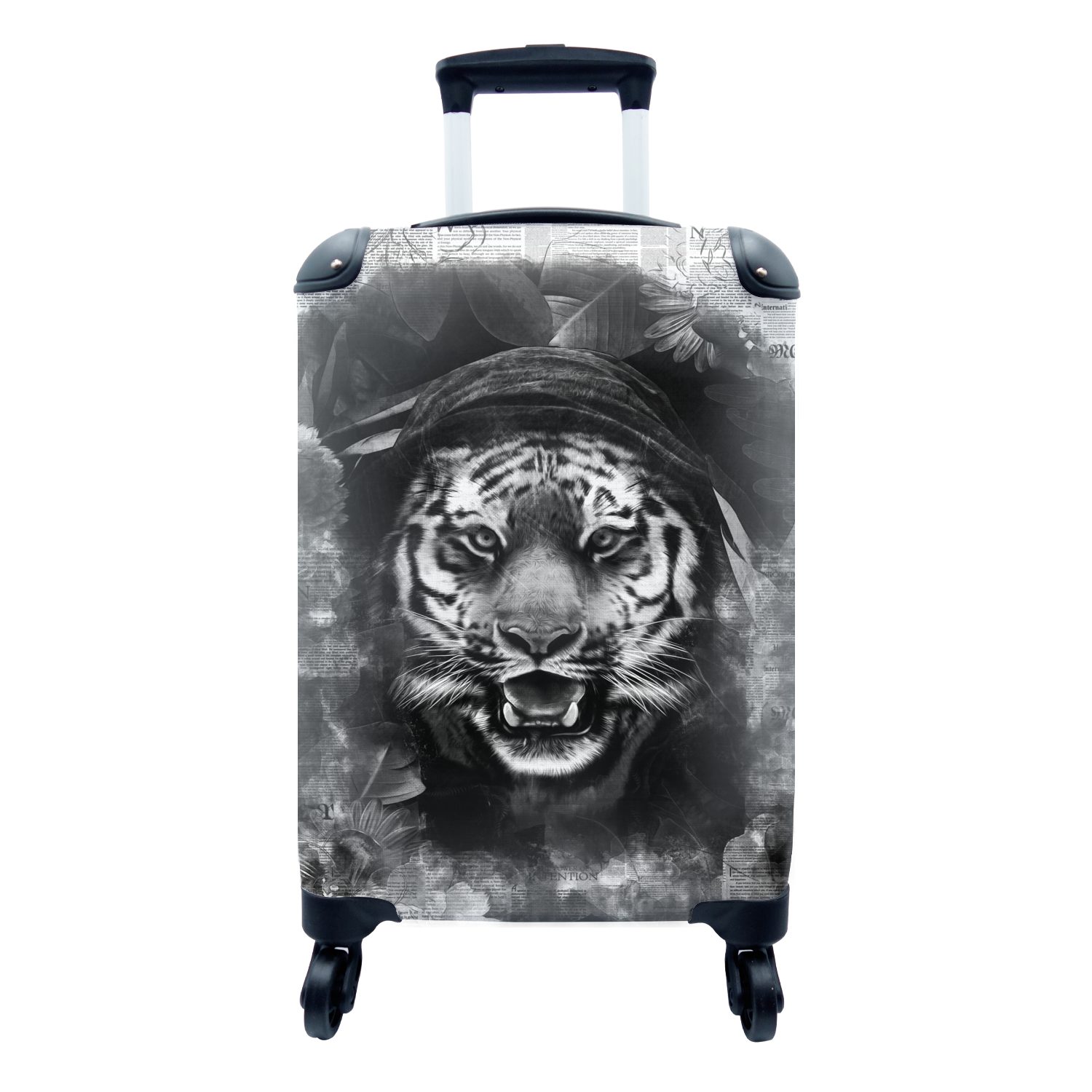 MuchoWow Handgepäckkoffer Tiger mit einer Kapuze auf einem Hintergrund von Zeitungen - schwarz, 4 Rollen, Reisetasche mit rollen, Handgepäck für Ferien, Trolley, Reisekoffer