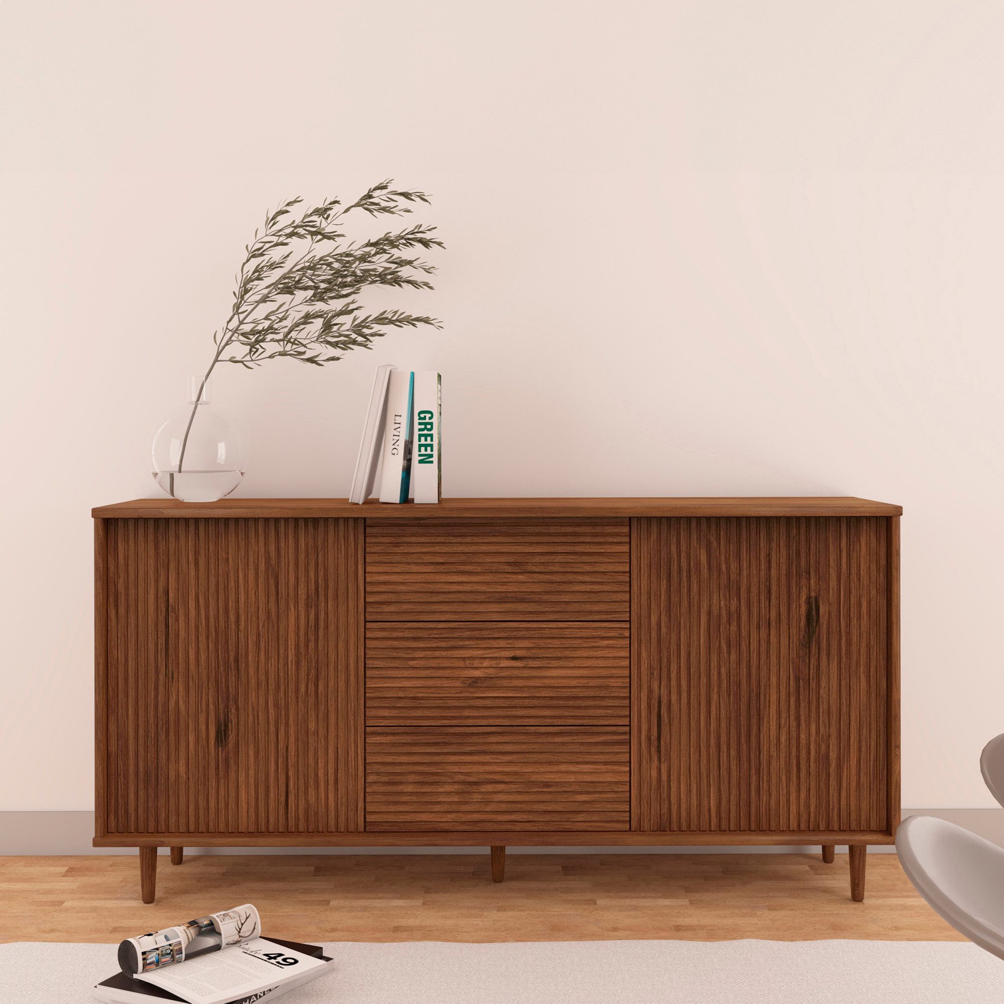 OTTO home Sideboard Malmedy Front mit gefrästen Rillen, Kommode aus massivem Kiefernholz, Push-to-open, Breite 160 cm