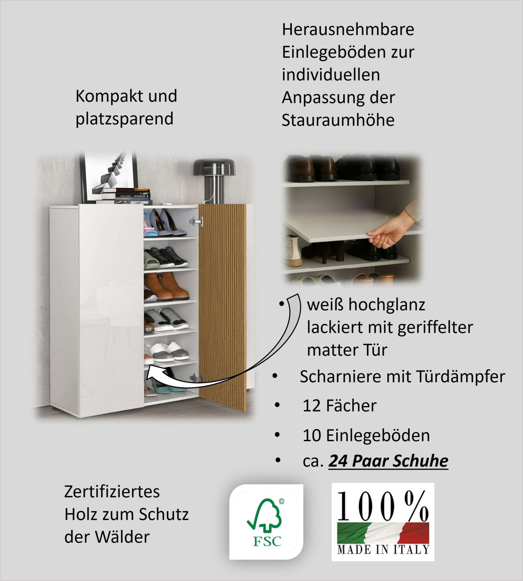 Home affaire Schuhschrank LADY, Schuhkommode,Schuhmöbel,Schuhablage,Schuhregal (Korpus und weiße Türen hochglänzend lackiert) mit 10 Einlegeböden, 12 Fächer, Tür mit Rillenoptik, ca.24 paar Schuhe