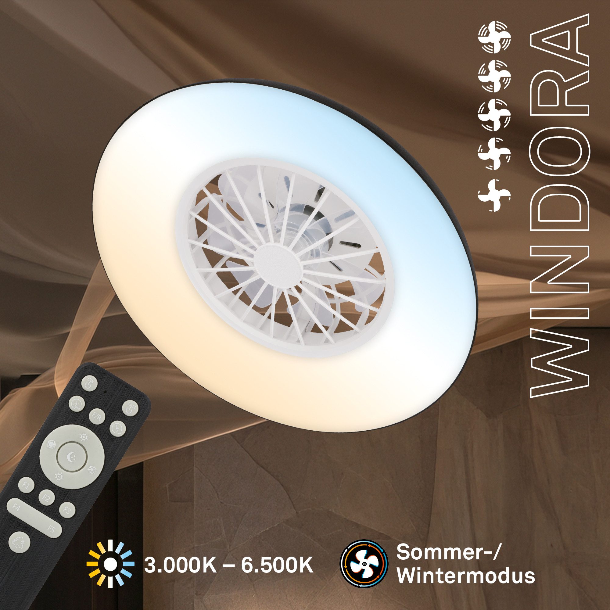 Briloner Leuchten LED Deckenleuchte Deckenventilator mit Licht DC-Motor Fernbedienung Dimmbar, LED fest integriert, CCT Farbtemperatursteuerung - Warm-/Neutral-/Kaltweiß, 60 x 19 cm (DxH), Schlafzimmer, Wohnzimmer, Esszimmer, Flur, Küche