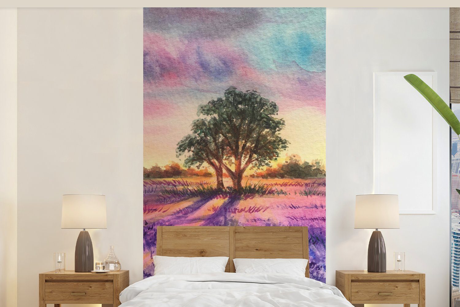 MuchoWow Fototapete Lavendel - Farbe - Vögel - Bäume - Lila, Matt, bedruckt, (2 St), Vliestapete für Wohnzimmer Schlafzimmer Küche, Fototapete