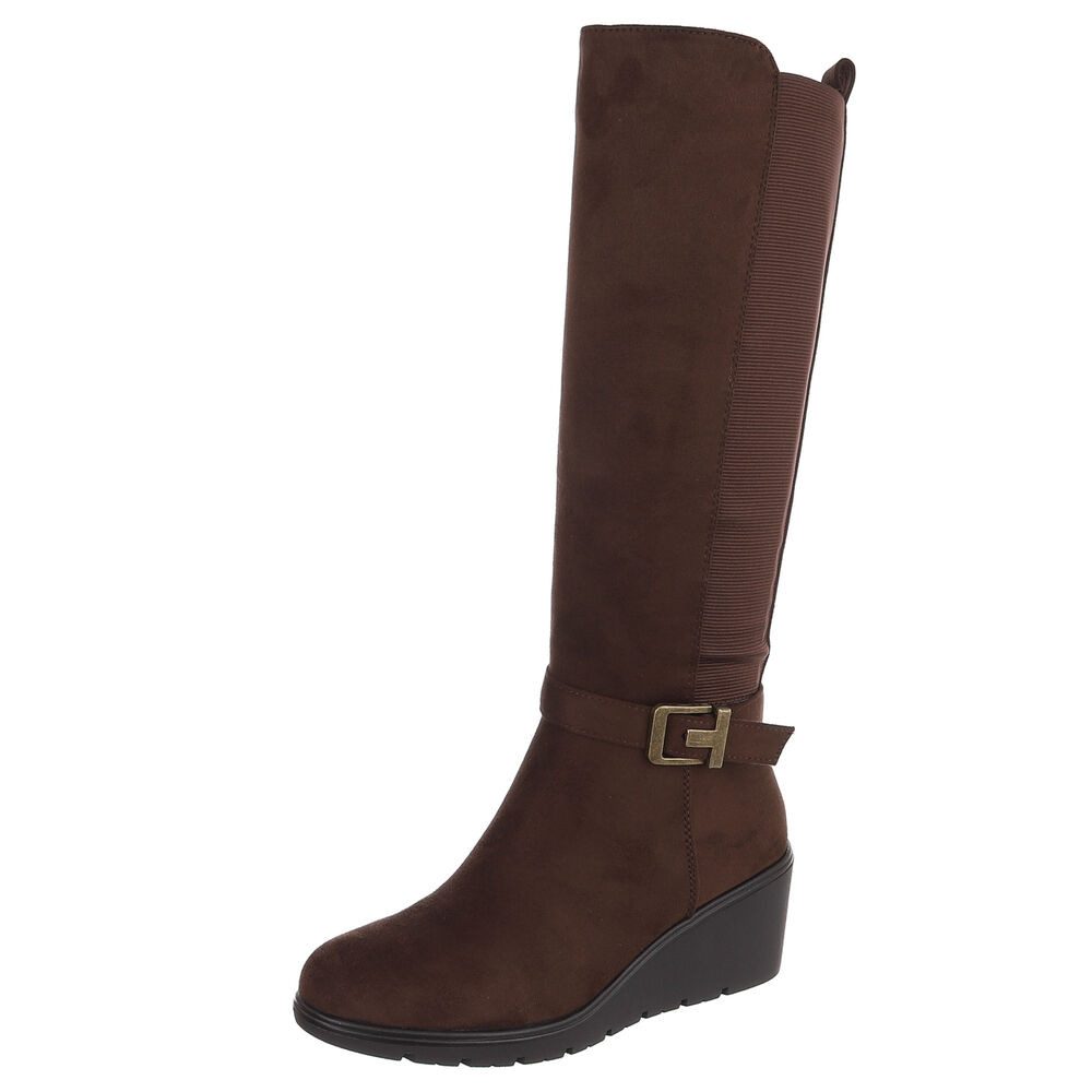 Ital-Design Damen kniehoher Stiefel mit Keilabsatz und Stretchband Keilstiefel (92125563) Keilabsatz/Wedge Stiefel in Braun