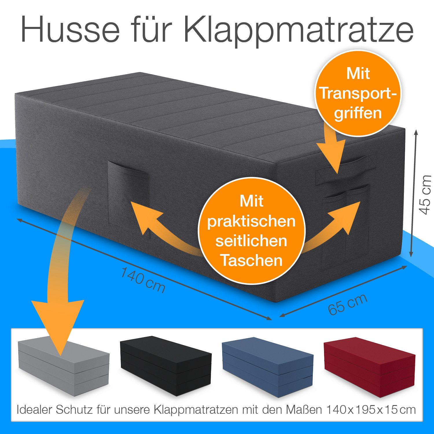 ELONEO Betthusse für Klappmatratze, mit seitlichen Taschen, Transportgriffen, Matratzenschutz – Bild 2 von 5