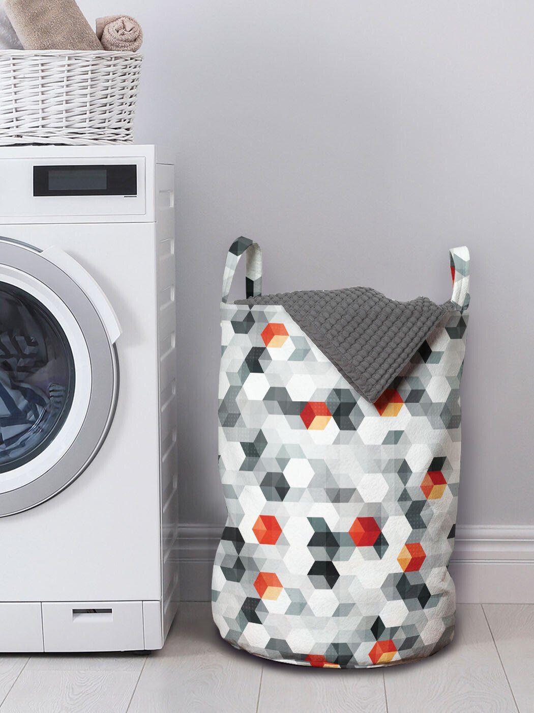 mit und Abakuhaus Kordelzugverschluss Waschsalons, Wäschekorb Cubes Griffen für Hexagons Wäschesäckchen Geometrisch
