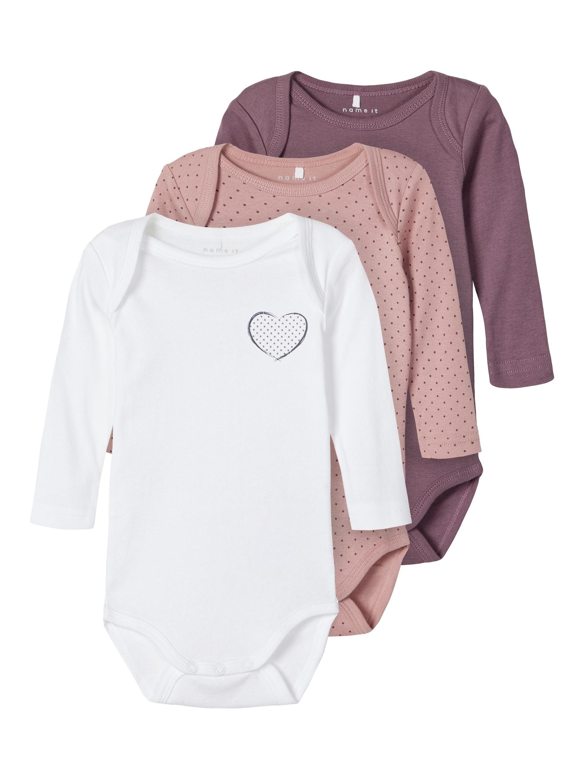 Name It Langarmbody Mädchen 3er-Pack Bodys aus Bio-Baumwolle (Packung, 3-tlg., 3er-Pack) mit Druckknöpfen im Schritt