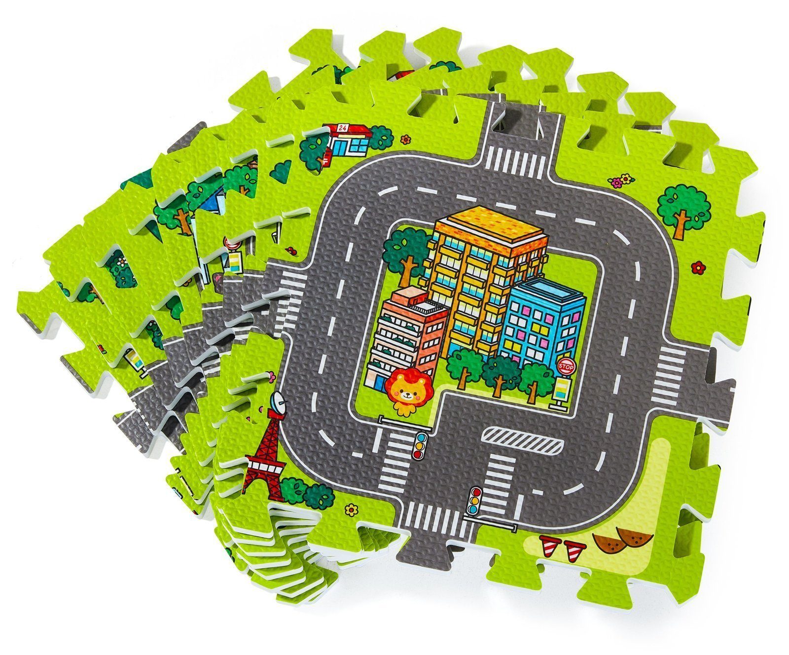 Moby-System Laufstall Lernschaum-Puzzlematte 90 x 90 x 1cm mit Rand, Muster: Stadt (9-tlg)