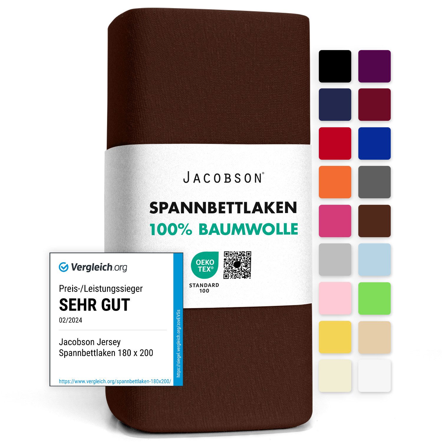 Jacobson Spannbettlaken aus 100% Baumwolle, Jersey Bettlaken 160 g/m², Spannbetttuch mit Gummizug, pflegeleicht & viele Farben