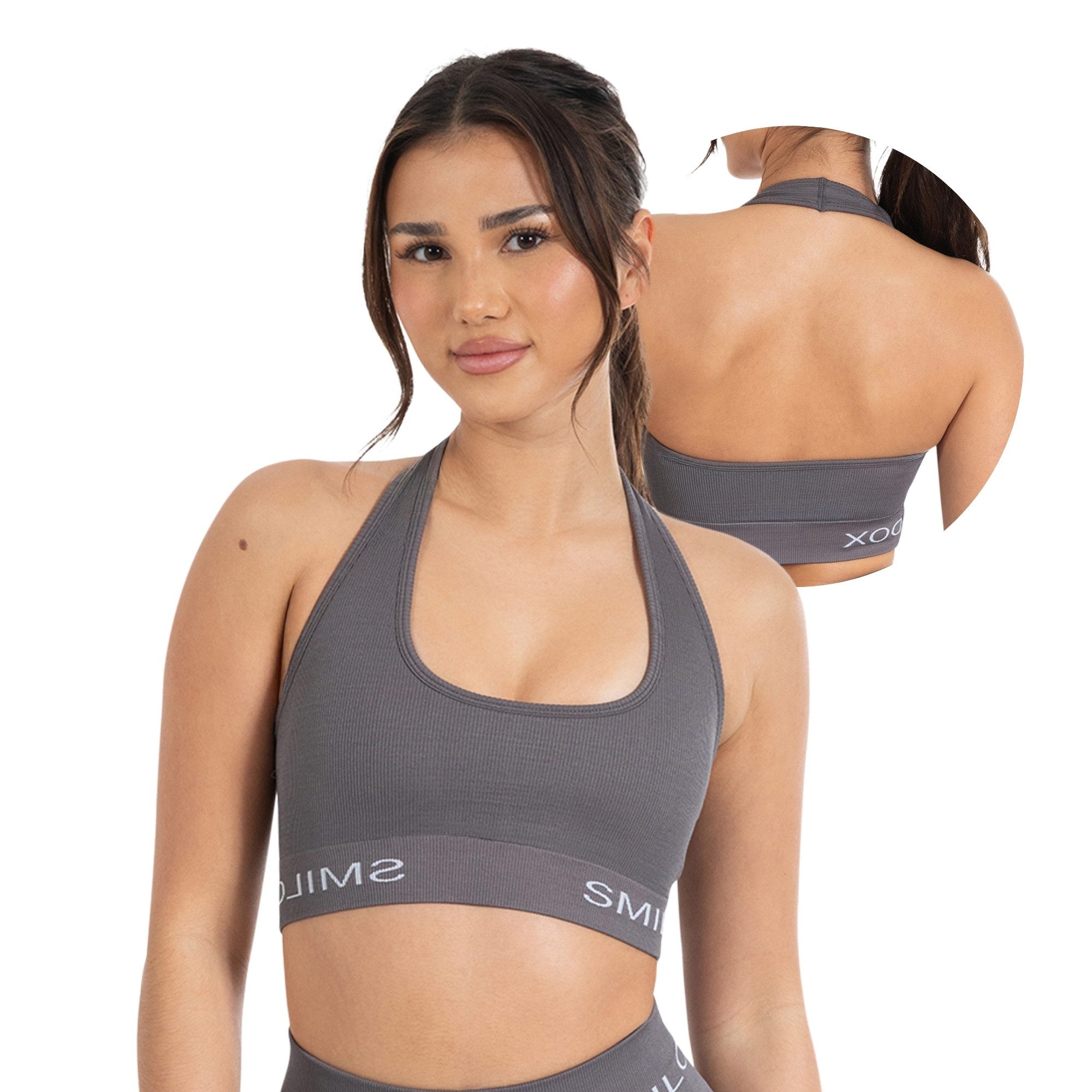 Smilodox Sport-BH Azura, Seamless Sport Top Rückenfrei Starker Halt Fitness Alltag Scrunch Bra ohne Bügel Atmungsaktiv Yoga Gym Bustier Schriftzug