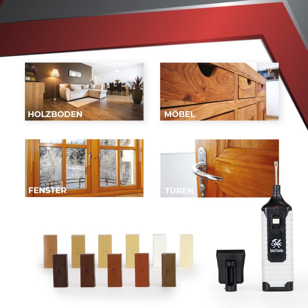 bestTools Schleifpapier Laminat Reparatur Set 16 Teile 11 Wachsfarben Wachsschmelzer, Für Laminat, Parkett & Möbel Kratzer einfach ausbessern – Bild 5 von 5