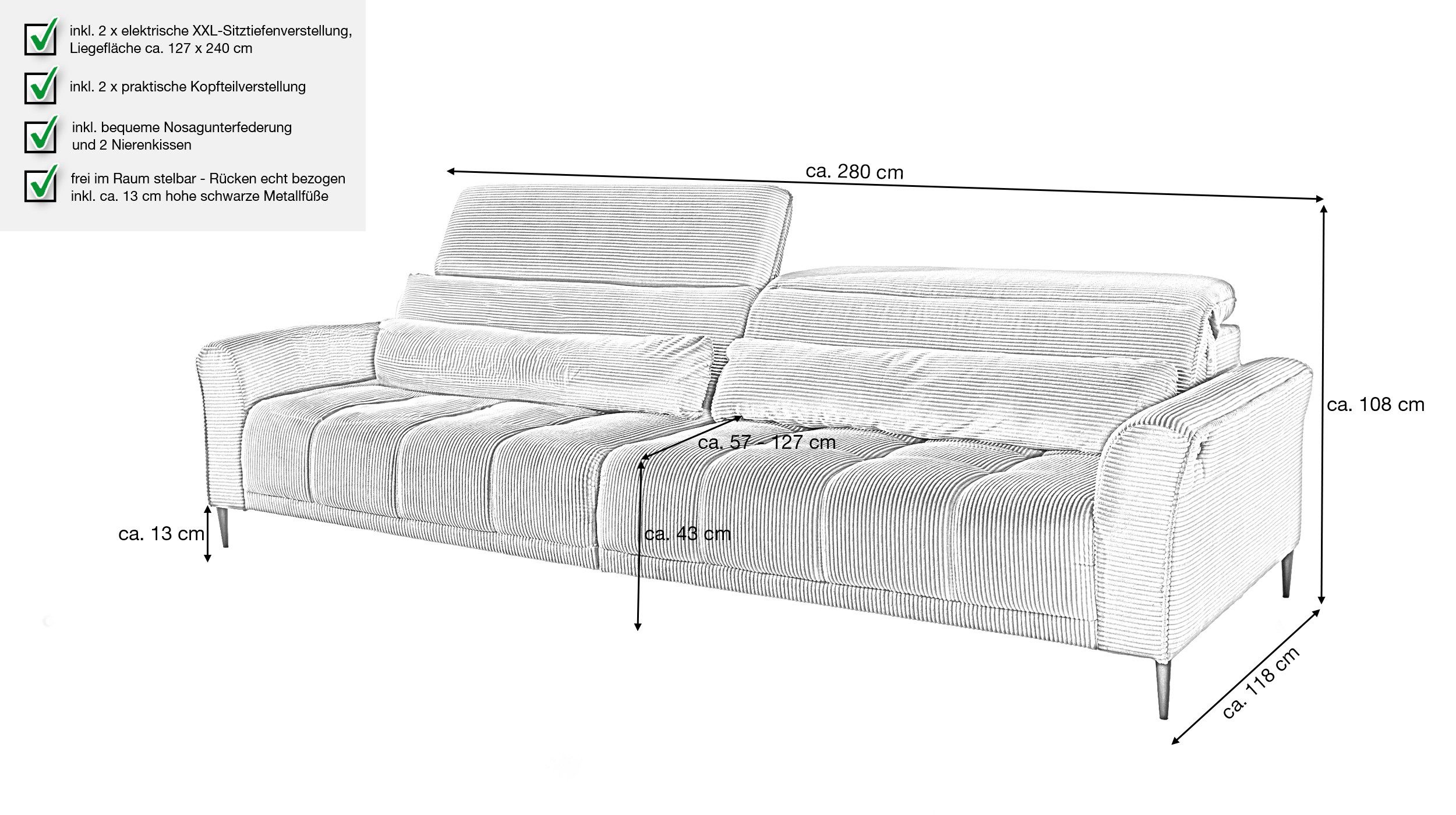 Massivart® Big-Sofa LOGAN Cord grün, beige, grau, rost 280 cm / 4-Sitzer, Sitztiefenverstellung / Kopfteilverstellung / Armlehnverstellung