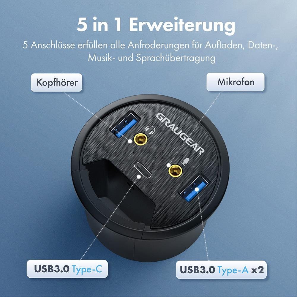 GRAUGEAR USB 3.0 Tisch HUB mit Audioanschluss USB-Adapter USB 3.0 Typ A zu USB Typ A, USB-C, 3,5-mm-Klinke