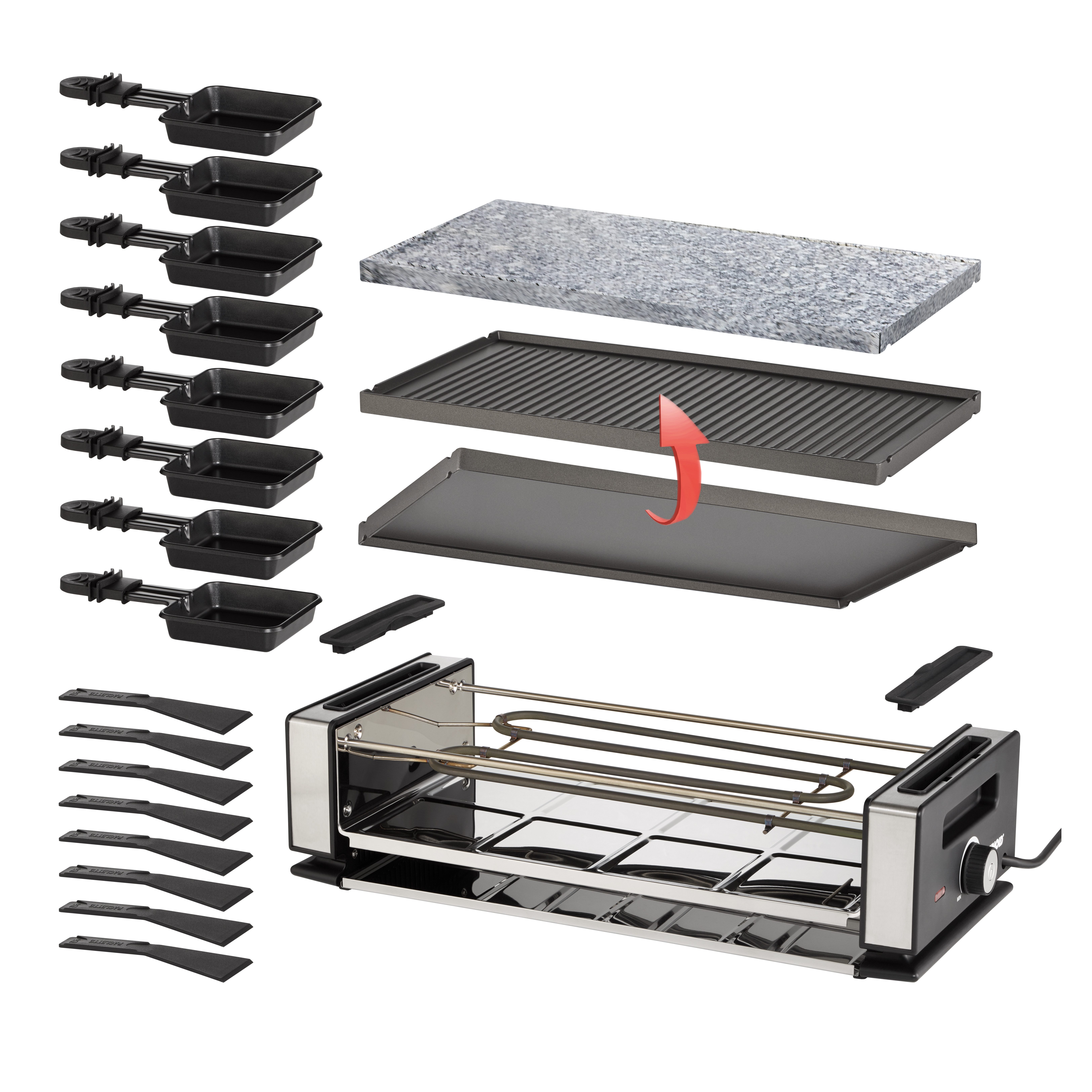 Unold Raclette Delice Basic 48760, 8 Raclettepfännchen, 1200 W, Grillplatte wendbar mit Naturstein-Grillplatte