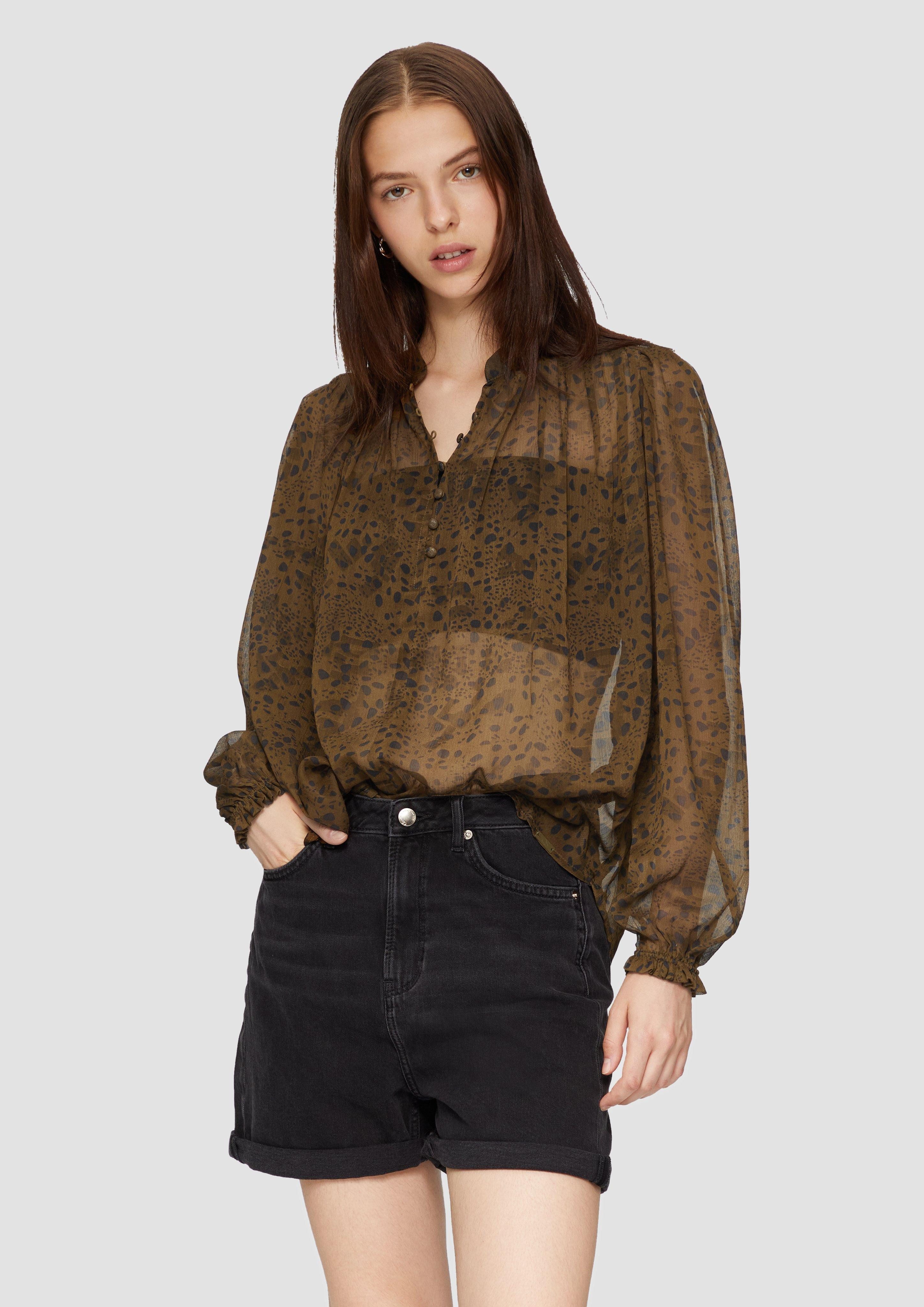 Langarmbluse Leicht transparente Chiffonbluse mit Puffärmeln