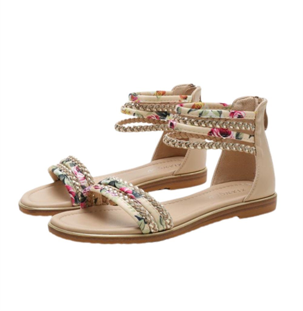 flache Riemchensandale mit Damen-Sommer-Sandalen, Sandalen Strandmuster Aprikose Rouemi