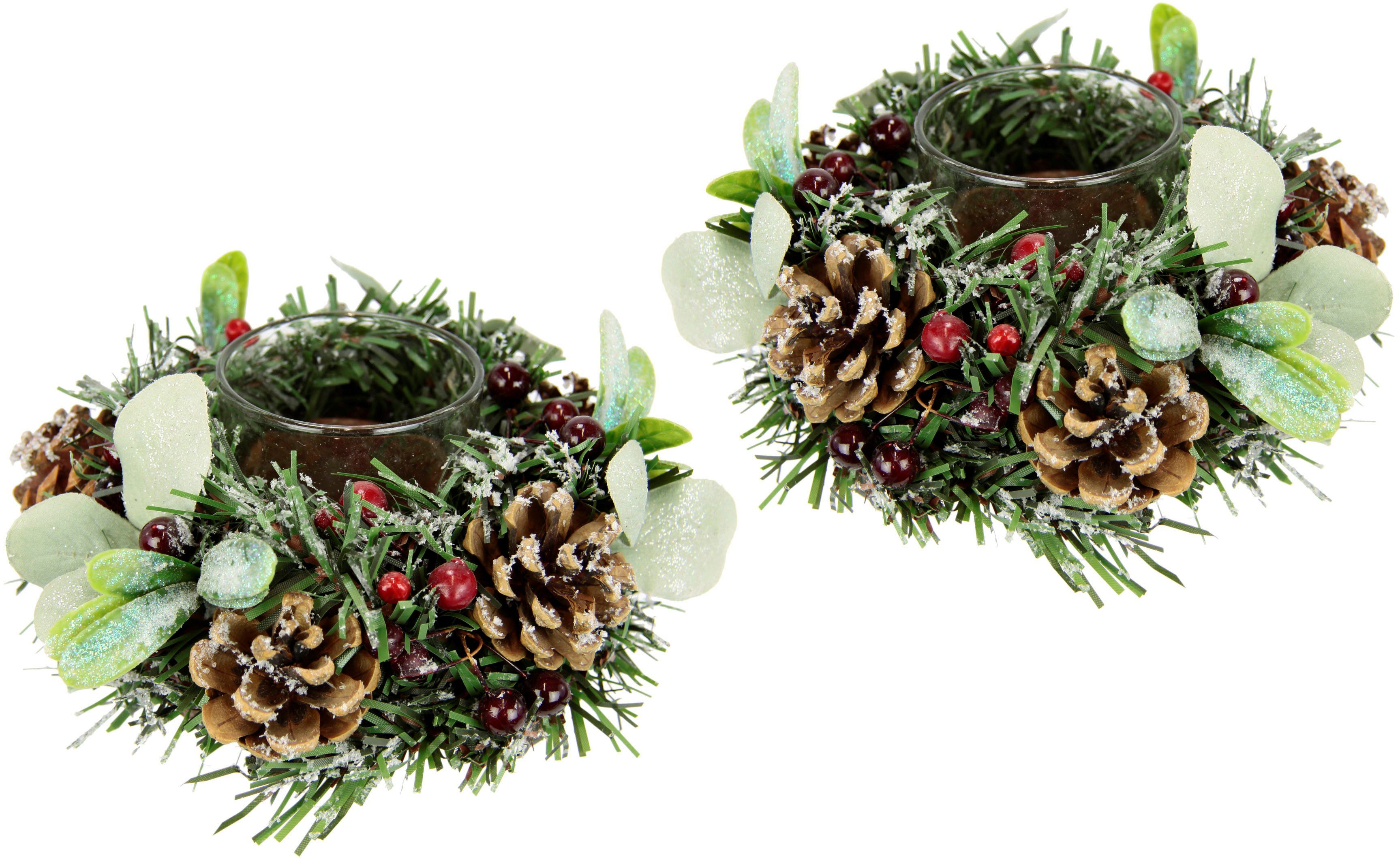 I.GE.A. Teelichthalter Weihnachtsdeko, Kerzenhalter (Set, 2 St), mit Zapfen, Beeren und Mistel beschneit, inkl. Glaseinsatz, Ø 15 cm