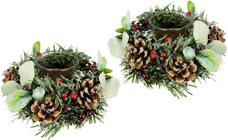 I.GE.A. Teelichthalter Weihnachtsdeko, Kerzenhalter (Set, 2 St), mit  Zapfen, Beeren und Mistel beschneit, inkl. Glaseinsatz, Ø 15 cm