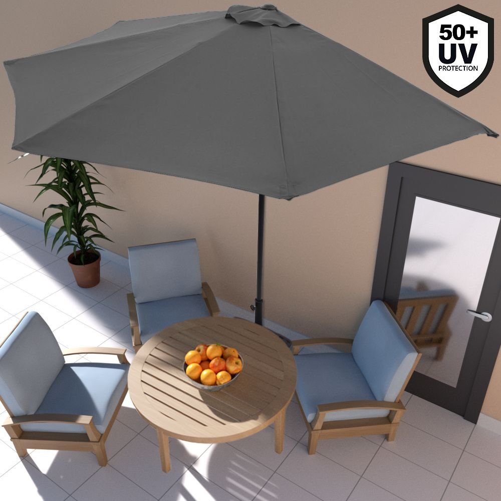 Kingsleeve Sonnenschirm, 270 cm UV Schutz 50+ halbrund Wasserabweisend Leichtgängiges Kurbelsystem Windöffnung für stabilen Stand Stabil Robust Balkonschirm Terrassenschirm Gartenschirm