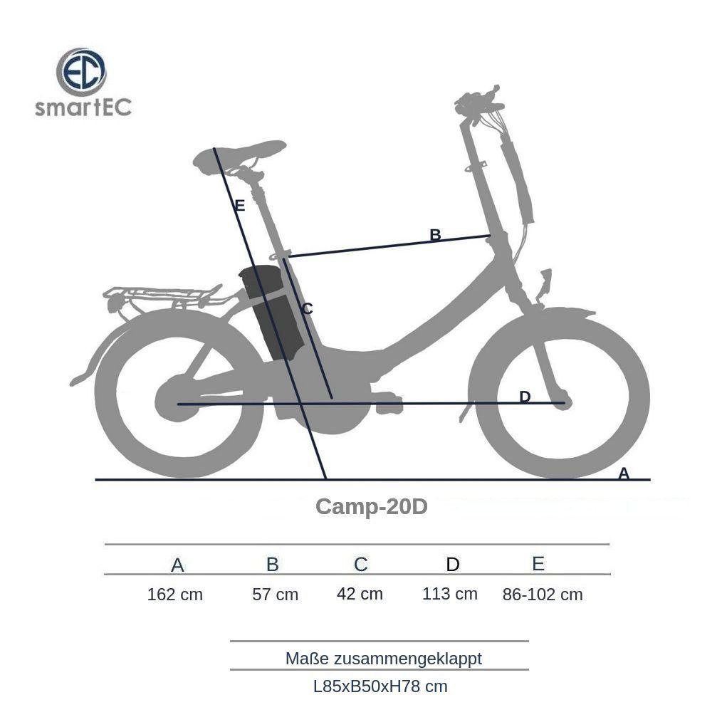 smartEC E-Bike Folding Bike Camp-20D E-Bike 20 inch Black, 7-speed Shimano Tourney derailleur, derailleur gears, rear hub motor, 562.00 Wh, (1 package, 6 pieces, battery with charger, battery with key, with tools), women's/men's support 25 km/h walk assist disc brake StVZO