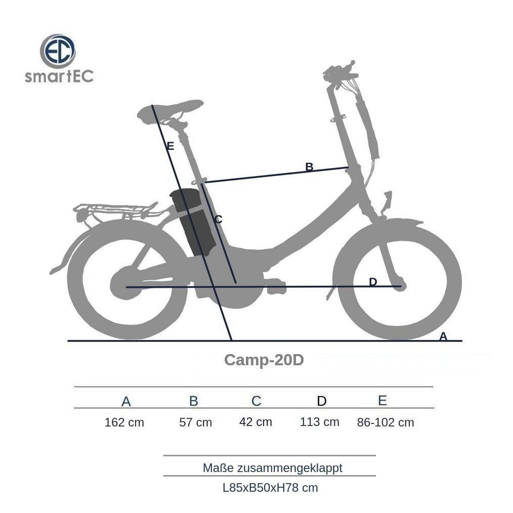 smartEC E-Bike 20 Zoll Damen/Herren Akku, Kettenschaltung, Scheibenbremse km/h Camp-20D StVZO Shimano 7 Klapprad Weiß, Anfahrhilfe Wh Unterstützung Gang Schaltwerk, Hinterrad-Nabenmotor, 562,00 Batterie, 25 Tourney