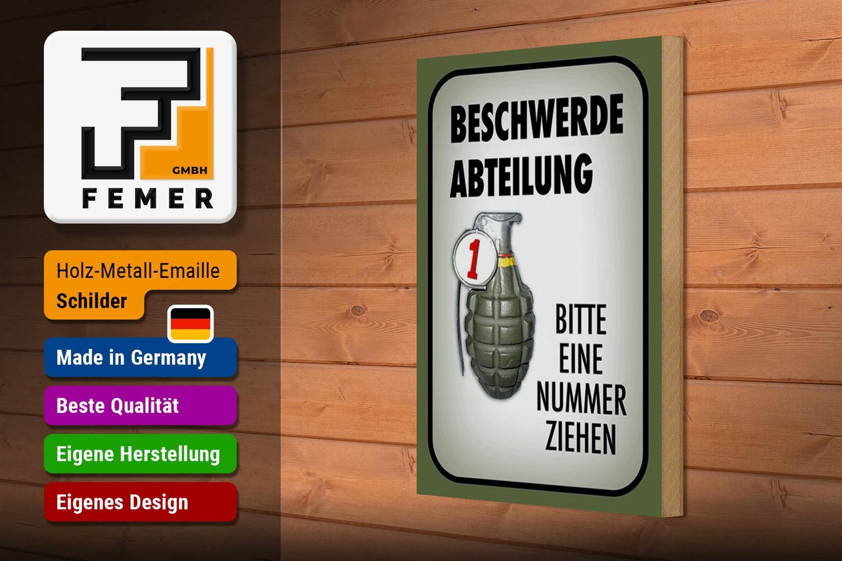 Femer GmbH Holzbild Spruch 20x30cm Beschwerde Abteilung bitte Nr., Sprüche Zitate Lustiges, Waffen (1 St), Glatte Holzfaserplatte (MDF), vorn beschichtet