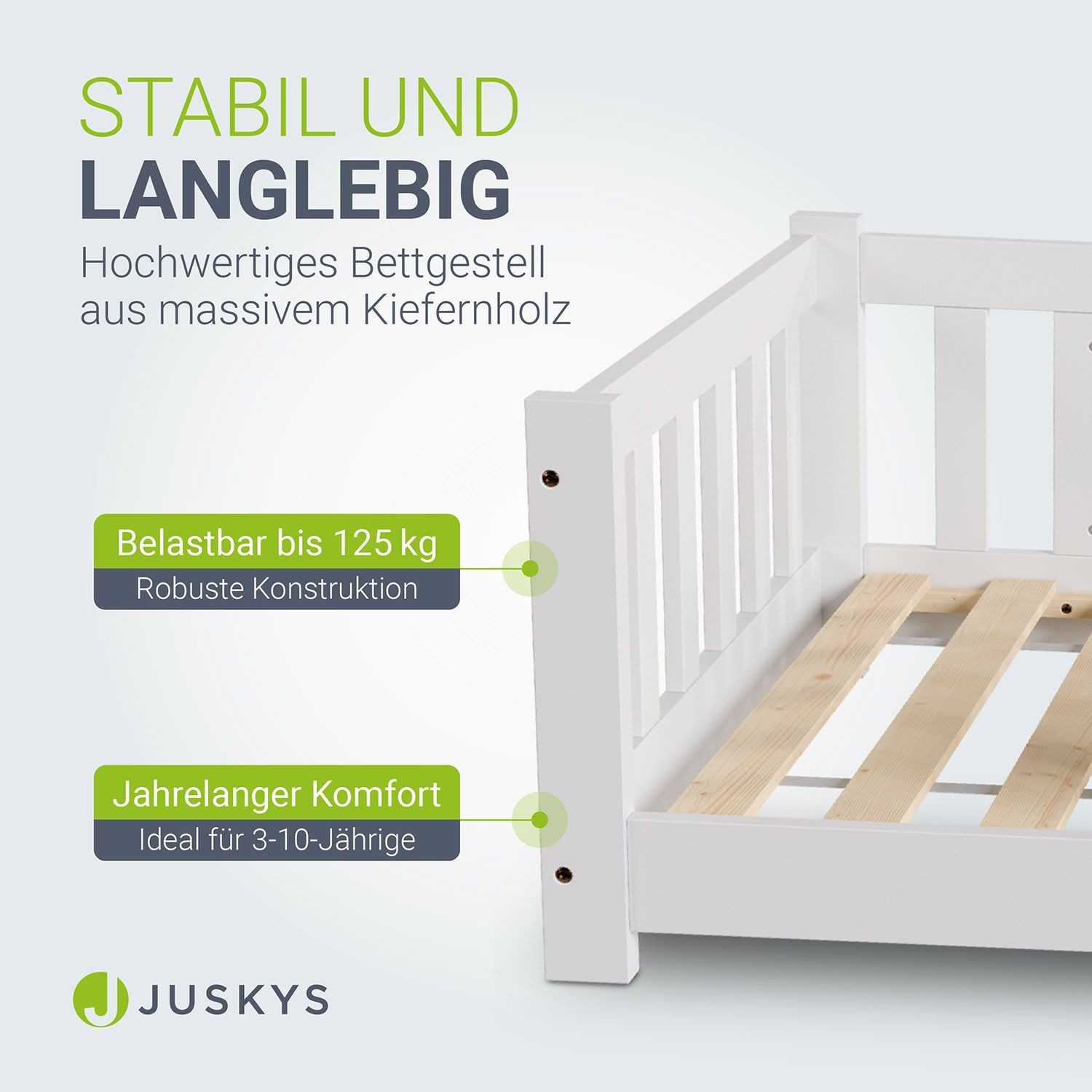 Juskys Kinderbett Naya, 80x160 cm Bodenbett, Holz, mit Matratze, Rausfallschutz & Lattenrost
