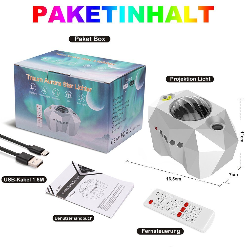 Rosnek Projektionslampe Aurora Star Moon Lichter Projektor,Galaxie Lichter Projektor,Bluetooth, LED wechselbar, Kaltes Weiß, mit Fernbedienung