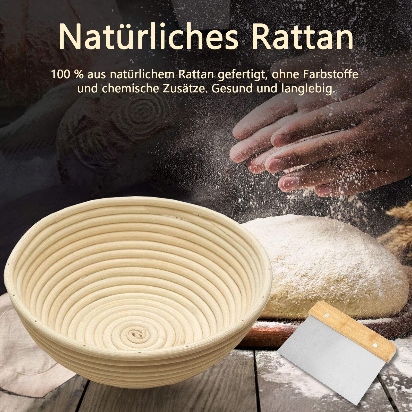 PFCTART Gärkorb Gärkörbchen Set aus Naturrattan mit Leinentuch als Brot Backen Zubehör, (Set 5-tlg), Banneton Brotgärkorb für Sauerteigbrot inklusive Teigschaber und Lame