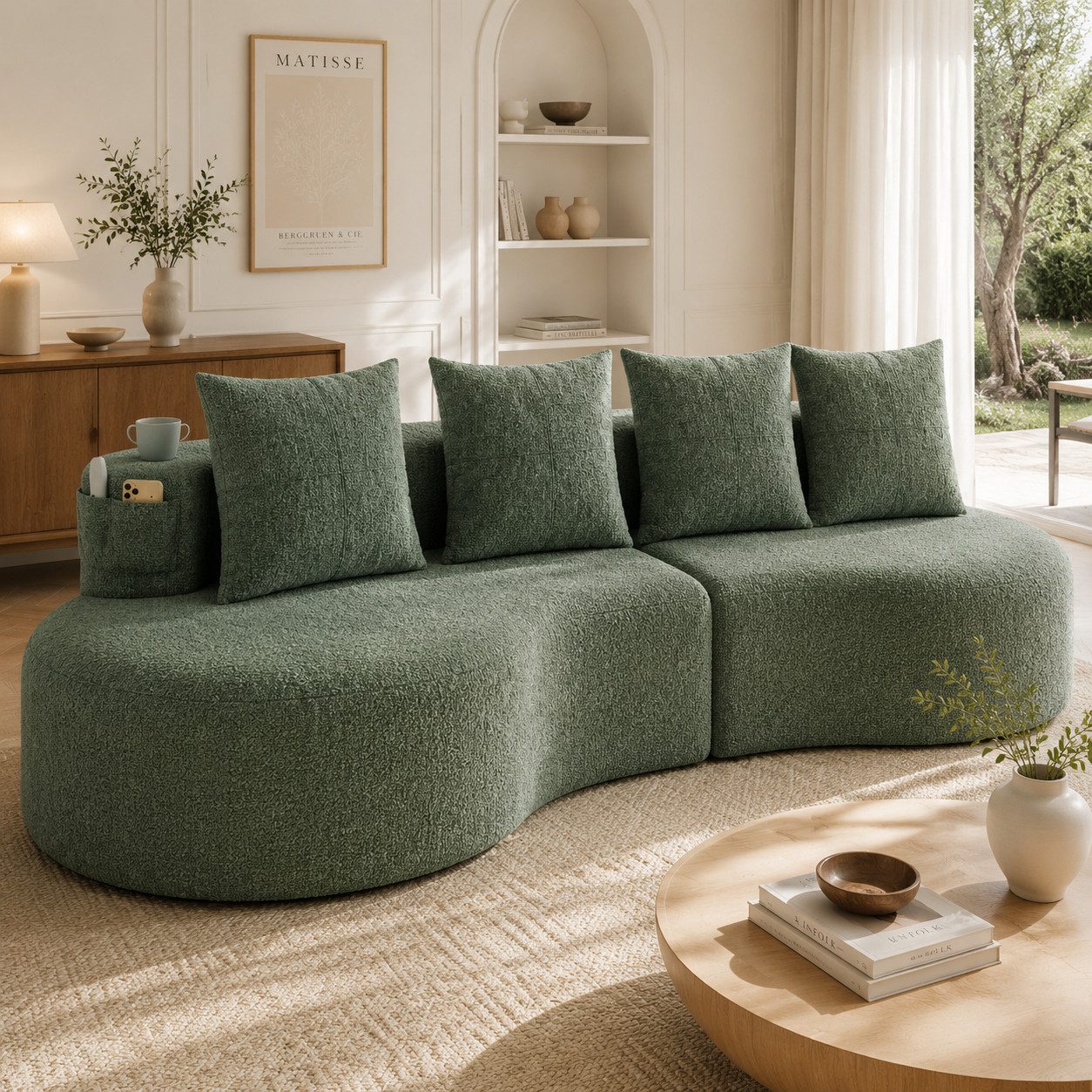 KLAM HOME Sofa Sofa 240x109x63cm Leinenstoff, 4 Kissen 4-Sitzer Wohnzimmer, Hochdichtschaum Federstücke, Integrierter Tassenhalter, Atmungsaktiv Strapazierfähig, 250kg Tragfähigkeit Einfache Montage