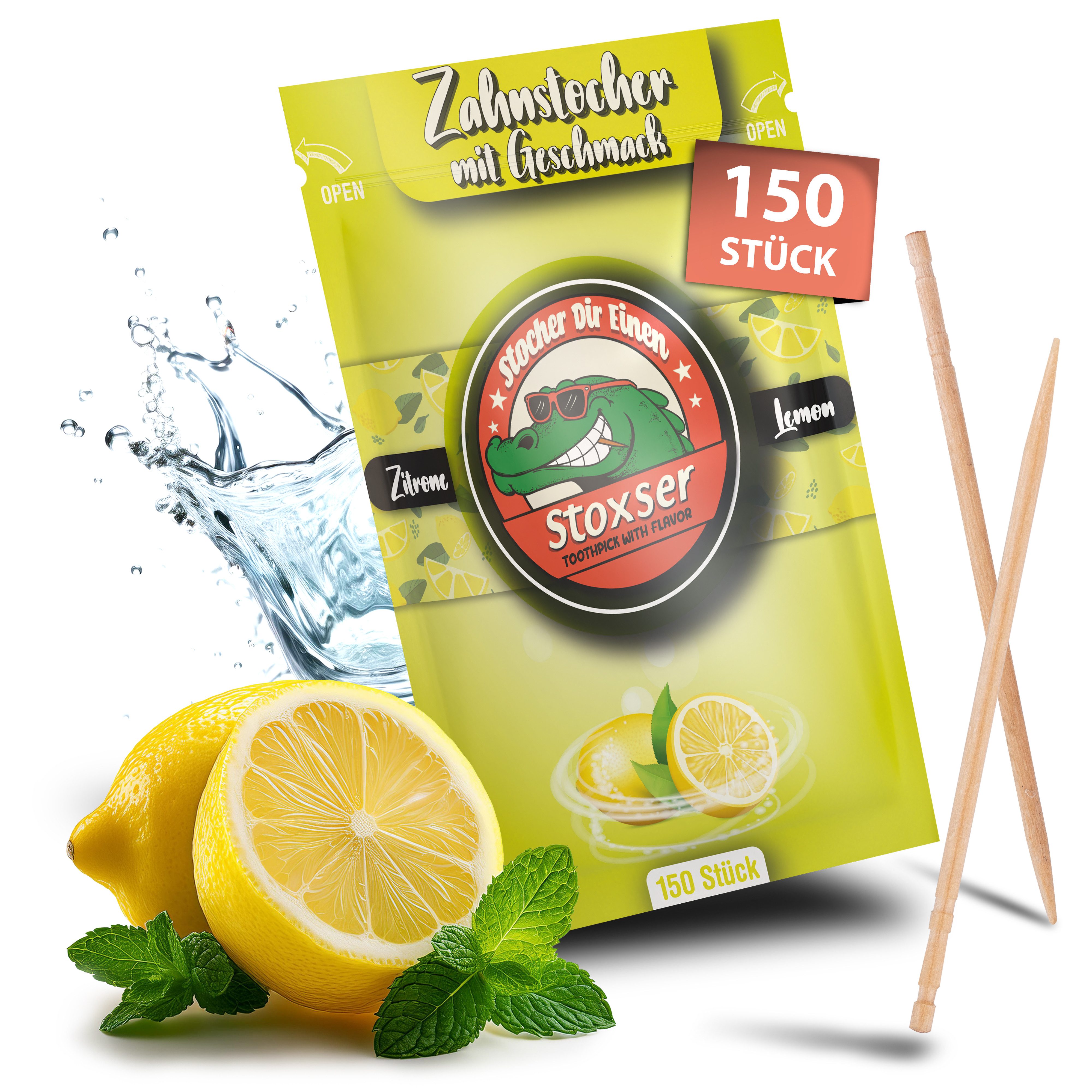 Stoxser Mundpflegecenter Stoxser 150 x Zahnstocher mit Geschmack Zitrone Geschmacksrevolution, 150 x Zahnstocher mit Geschmack Zitrone, Kein Kaugummi Unterstützend zu Zahnpasta Zahnseide Zuckerfrei