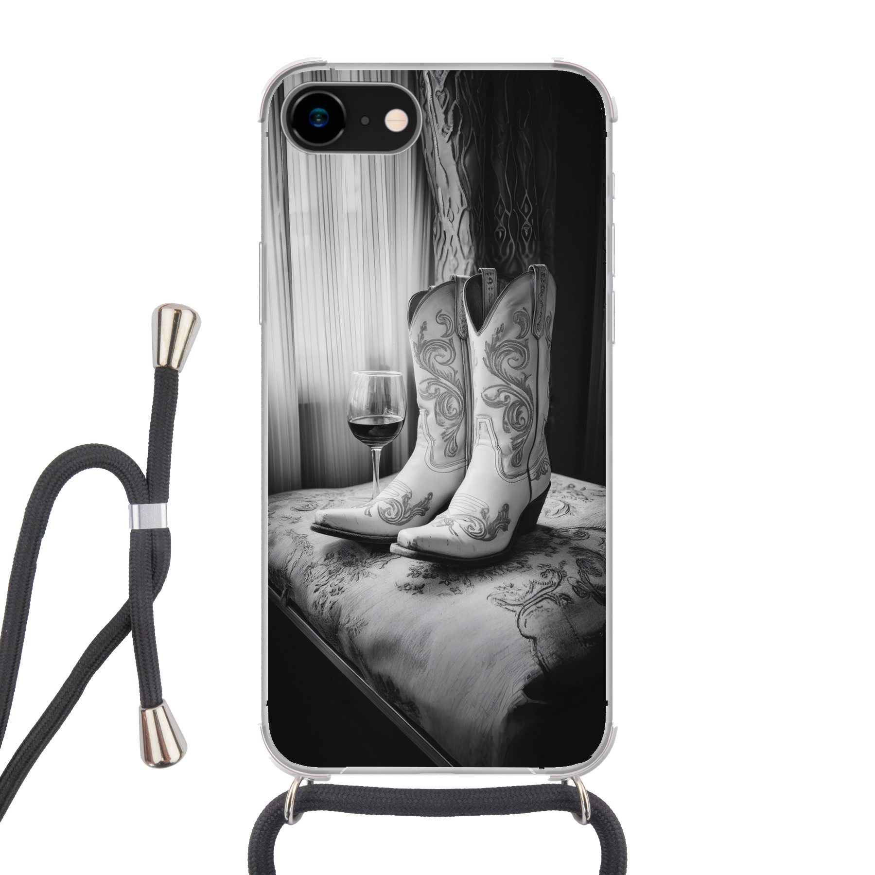 MuchoWow Handyhülle für Apple iPhone 7 Wein - Cowboystiefel - Fensterlicht - Weiß, Tragbare Handyhüllen mit Kette zum umhängen, Handykette Handyband