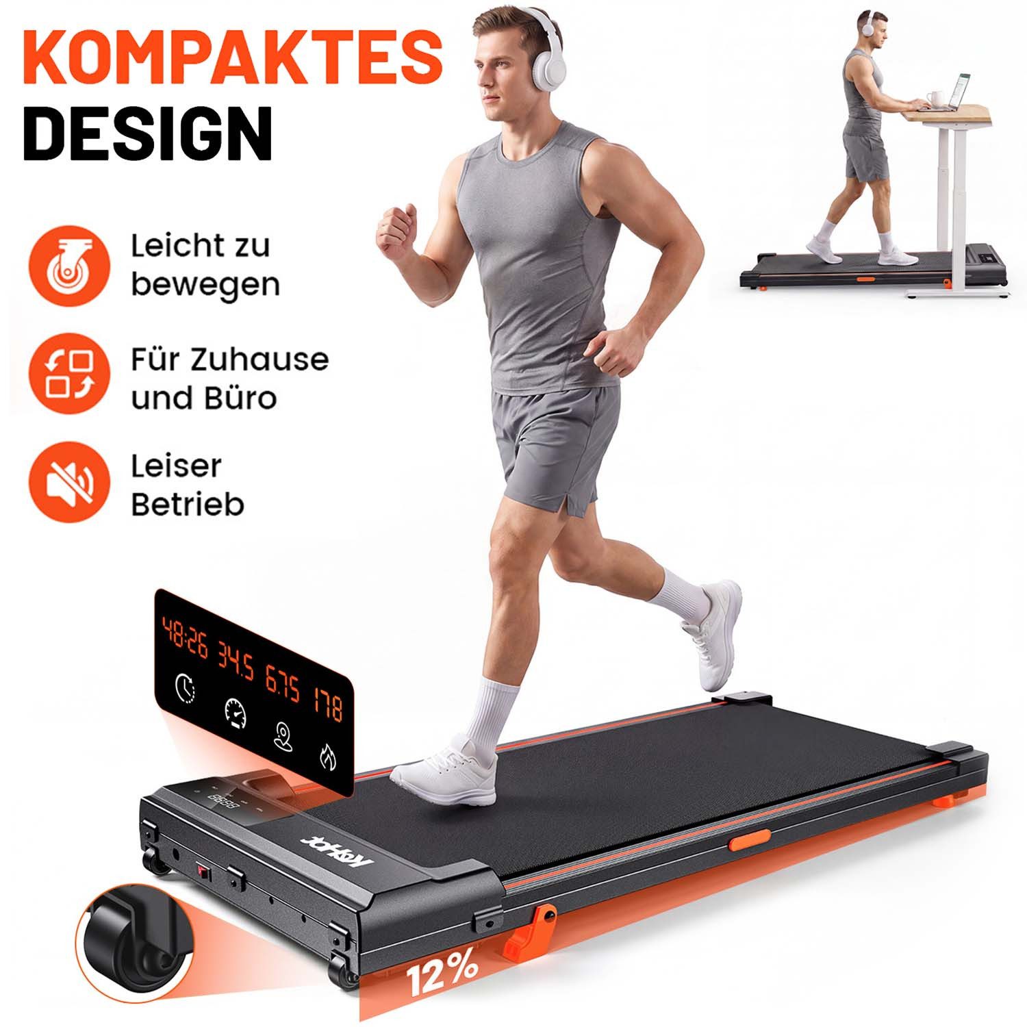 kehot Laufband Walking Pad Laufband mit 12 % Steigung, 1–6 km/h (2 Neigungsstufen und 90 x 40 cm Lauffläche, Nur 10 cm hoch und bis 100 kg belastbar), LED-Display und Fernbedienung für Homeoffice und Zuhause