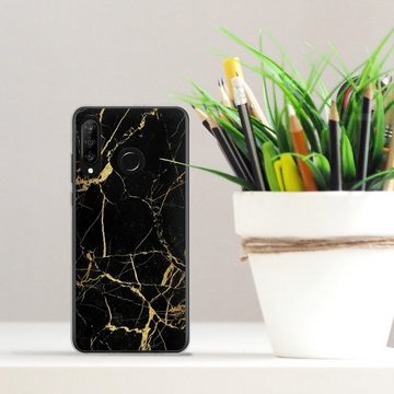 DeinDesign Handyhülle Marmor schwarz Muster BlackGoldMarble Look, Huawei P30 Lite Silikon Hülle Bumper Case Handy Schutzhülle