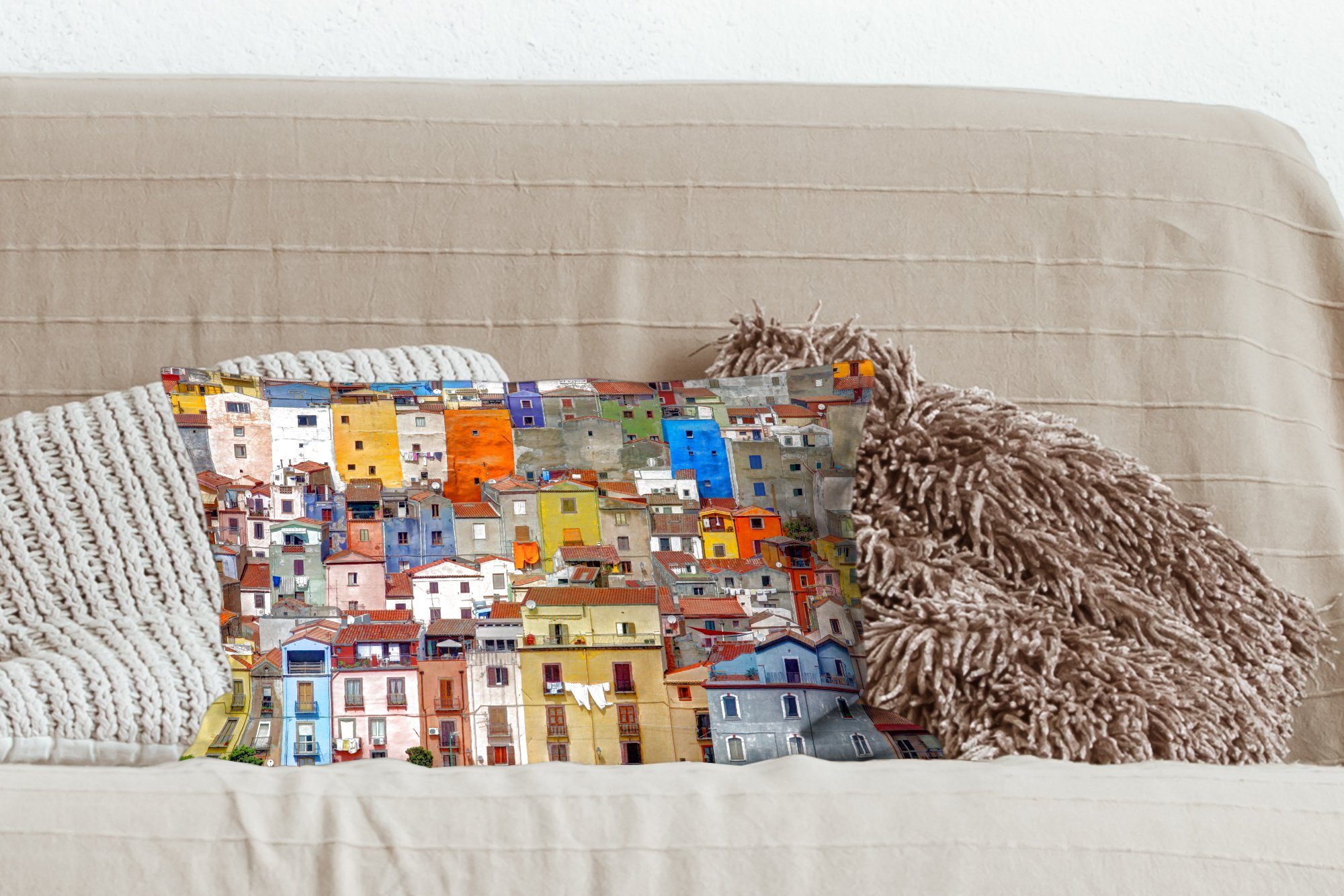 Sardiniens, Dekoration, mit Die Dekokissen MuchoWow Zierkissen, bunten Wohzimmer Füllung, Schlafzimmer Dekokissen Häuser