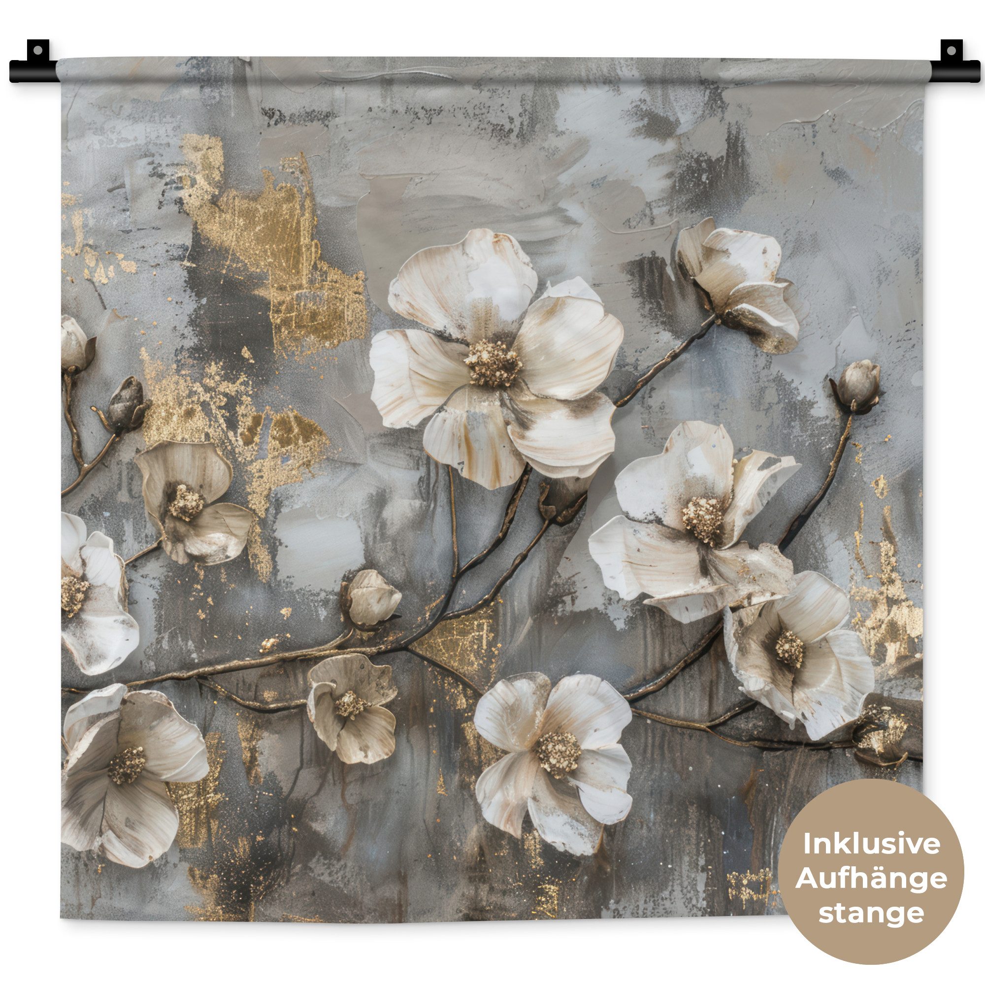 MuchoWow Wandteppich Blumen - Weiß - Grau - Gold - Luxus, Quadratisch, Höhe: 3 mm, Wand Teppich, Deko für an den Wand, 60x60 cm