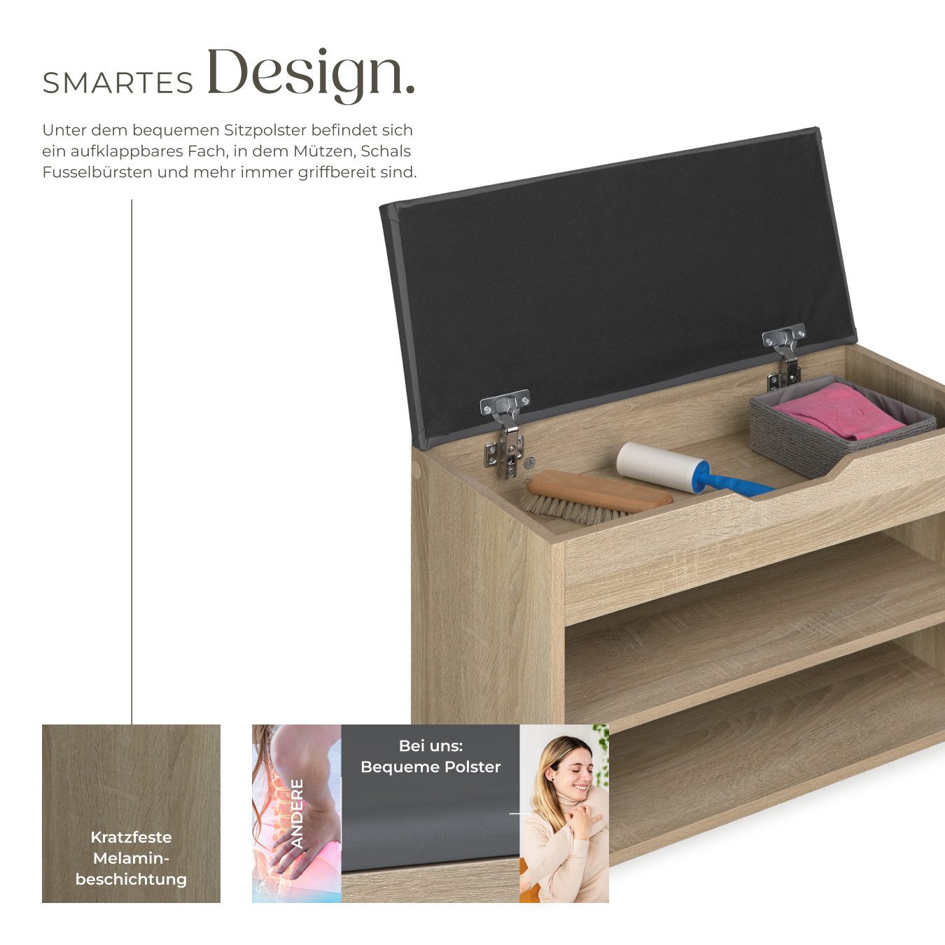 tectake Schuhschrank Schuhbank Jasmina mit Sitzpolster für 6 Paar Schuhe, 60x30x43,5cm (Komplettset, 1-St., 1-St. Holz hell, Eiche Sonoma) großes Klappfach zur Aufbewahrung