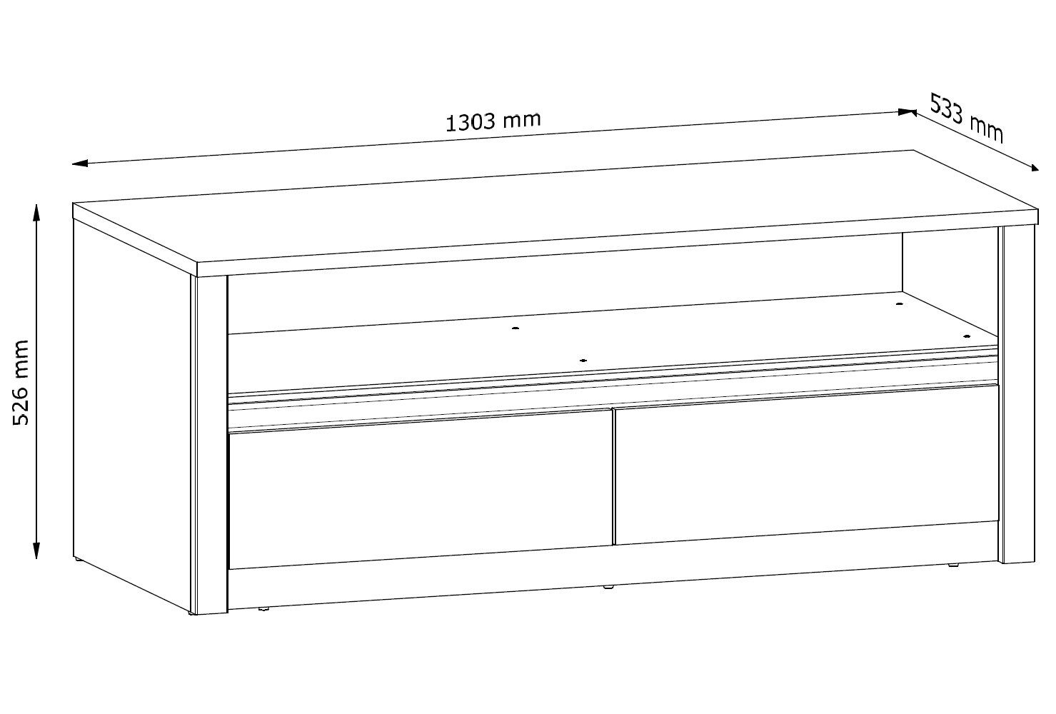 Feldmann-Wohnen Lowboard Montana (1 offenes Ablagefach, 2 Vollauszugschubladen, 1 St., moderne Holzoptik, Griffmulden), 130x53x53cm Eiche Lefkas / Grau