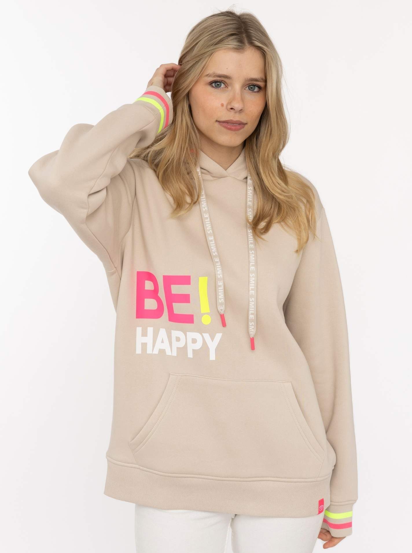 Zwillingsherz Hoodie "Be Happy!" gestreifte Bündchen, Aufdruck auf Brust, Kapuze, Kängurutasche