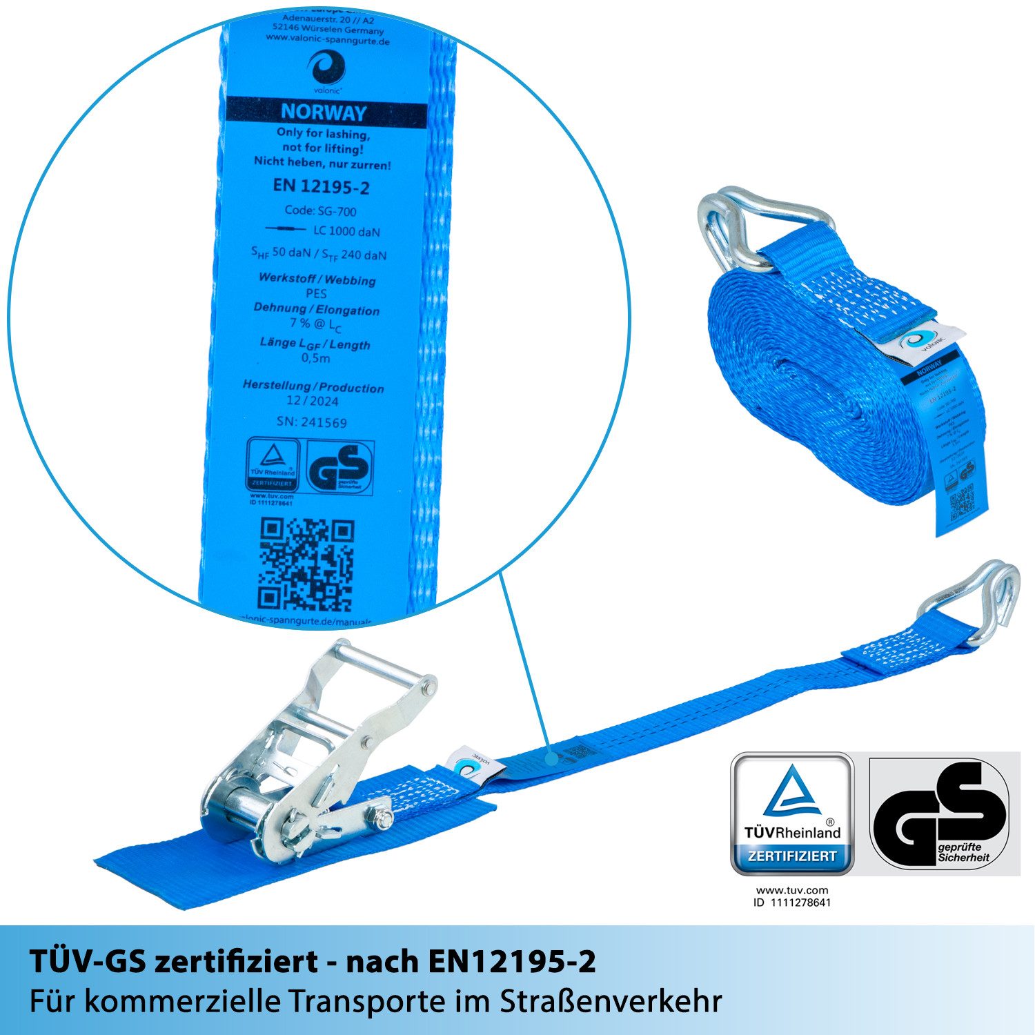 valonic Spanngurt valonic NORWAY 4x Spanngurte mit Haken 6m 1000 kg TÜV-GS mit Polster (4er Set, 4 Stück Spanngurt mit Ratsche) gepolsterte Ratschengurte mit robusten Haken
