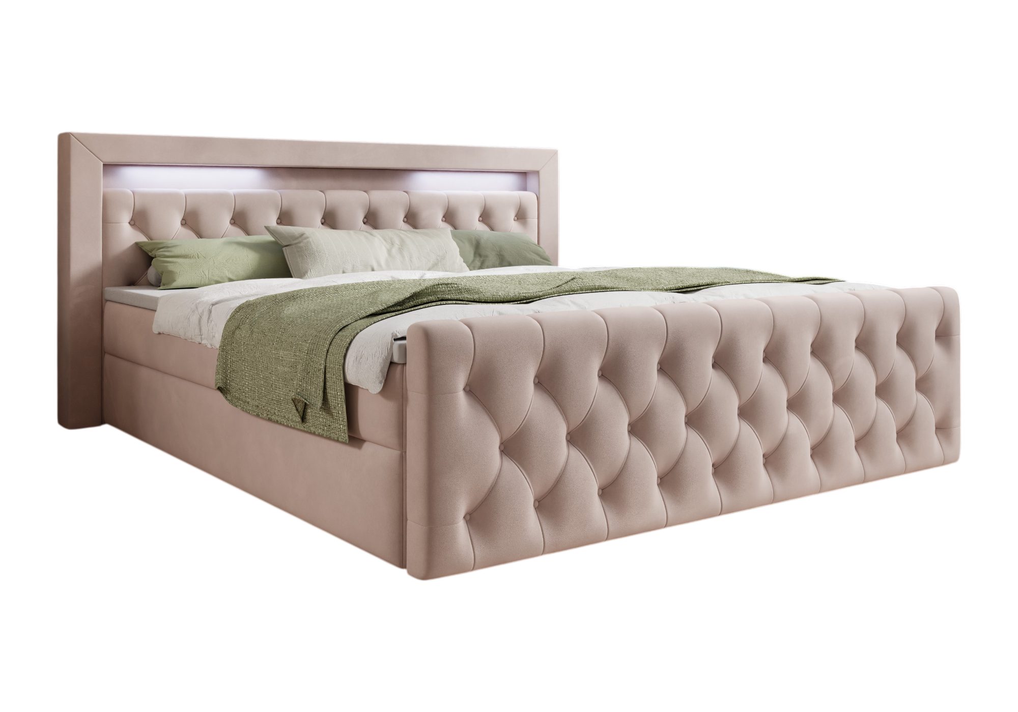 thematys Boxbett LED mit Bettkasten 140x200–200x200 cm – Velours oder Bouclé Bezug – (Polsterbett Bonnellfederkern Matratze H3 + Gratis 3cm Topper, Boxbett - Luxus Doppelbett mit Stauraum und LED)