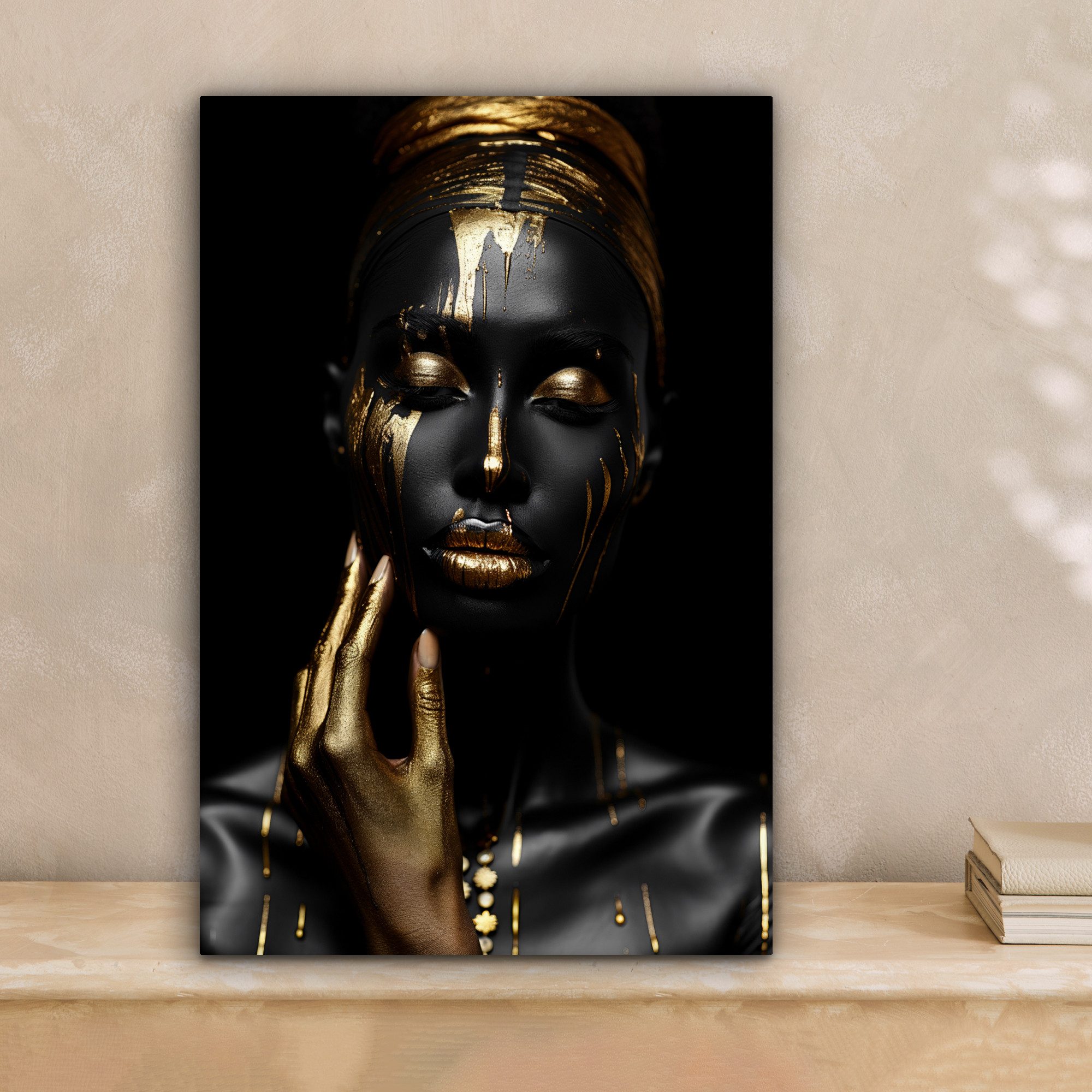 OneMillionCanvasses® Leinwandbild Frau - Abstrakt - Schwarz - Gold - Porträt, Fotodruck (1 St), Leinwand Canvas Wandbild, Wanddekoration 20x30 cm