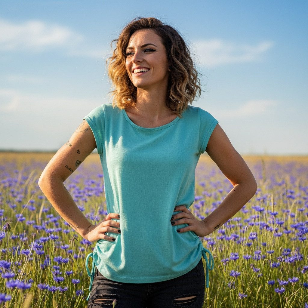 Guru-Shop T-Shirt Yoga T-Shirt aus Bio-Baumwolle - aqua Festival, Ethno Sty günstig online kaufen