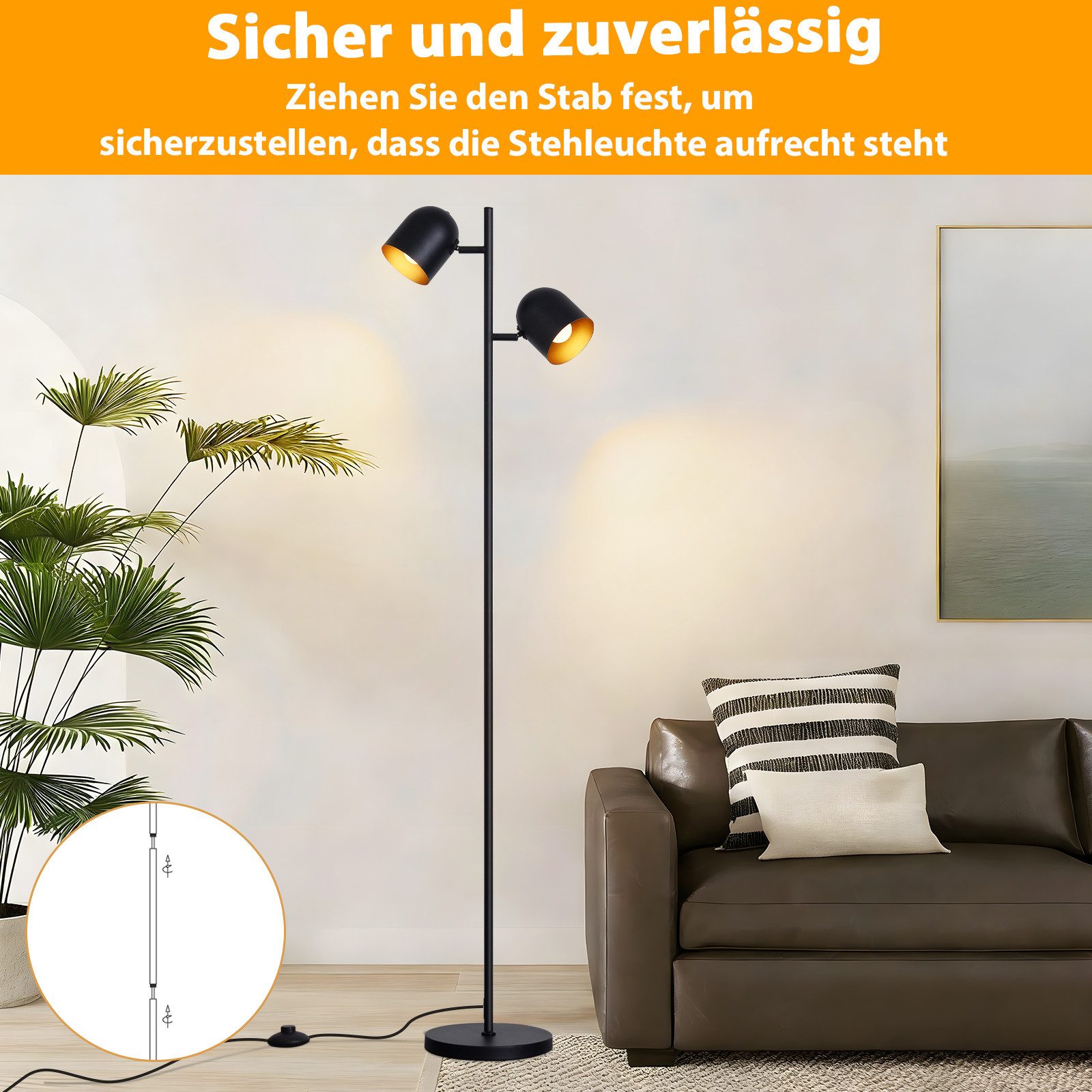 Nettlife Stehlampe Wohnzimmer Schwarz Metall Industrielle Retro Leselampe 2 E14 Fassungen, 350° schwenkbar, ohne Leuchtmittel, Stehleuchte Leselampe Retro für S – Bild 4 von 5