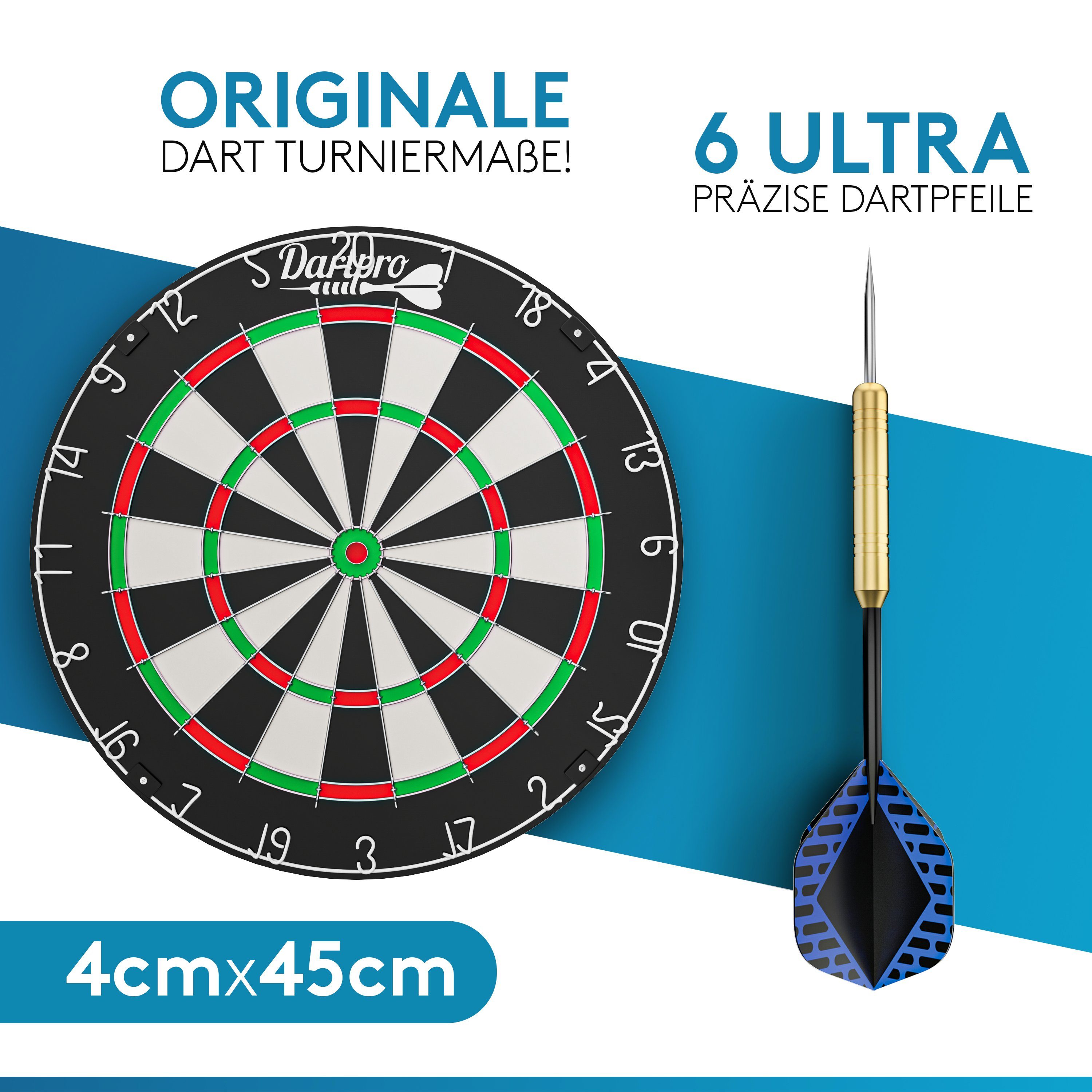 DartPro Dartscheibe Steeldart - Profi Dartboard inkl. 6 Steeldarts (18g) -, hochwertigstes Sisal, extrem dünne Drähte, inkl. Montageset