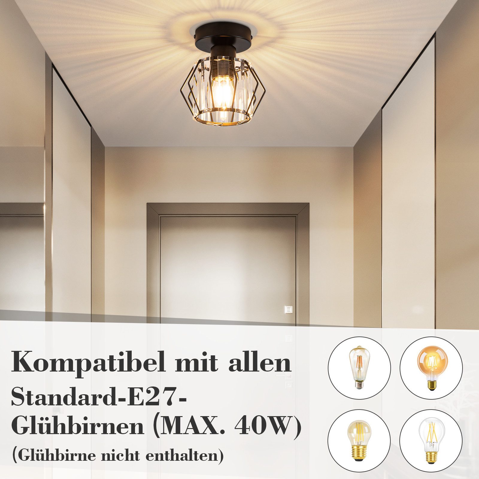ZMH Deckenleuchte 15CM Wohnzimmer Schwarz Kristall Modern Deckenlampe E27 Vintage Flur, Einfache Installation, ohne Leuchtmittel, Küchenlampe mit Metall Rahmen  – Bild 3 von 5