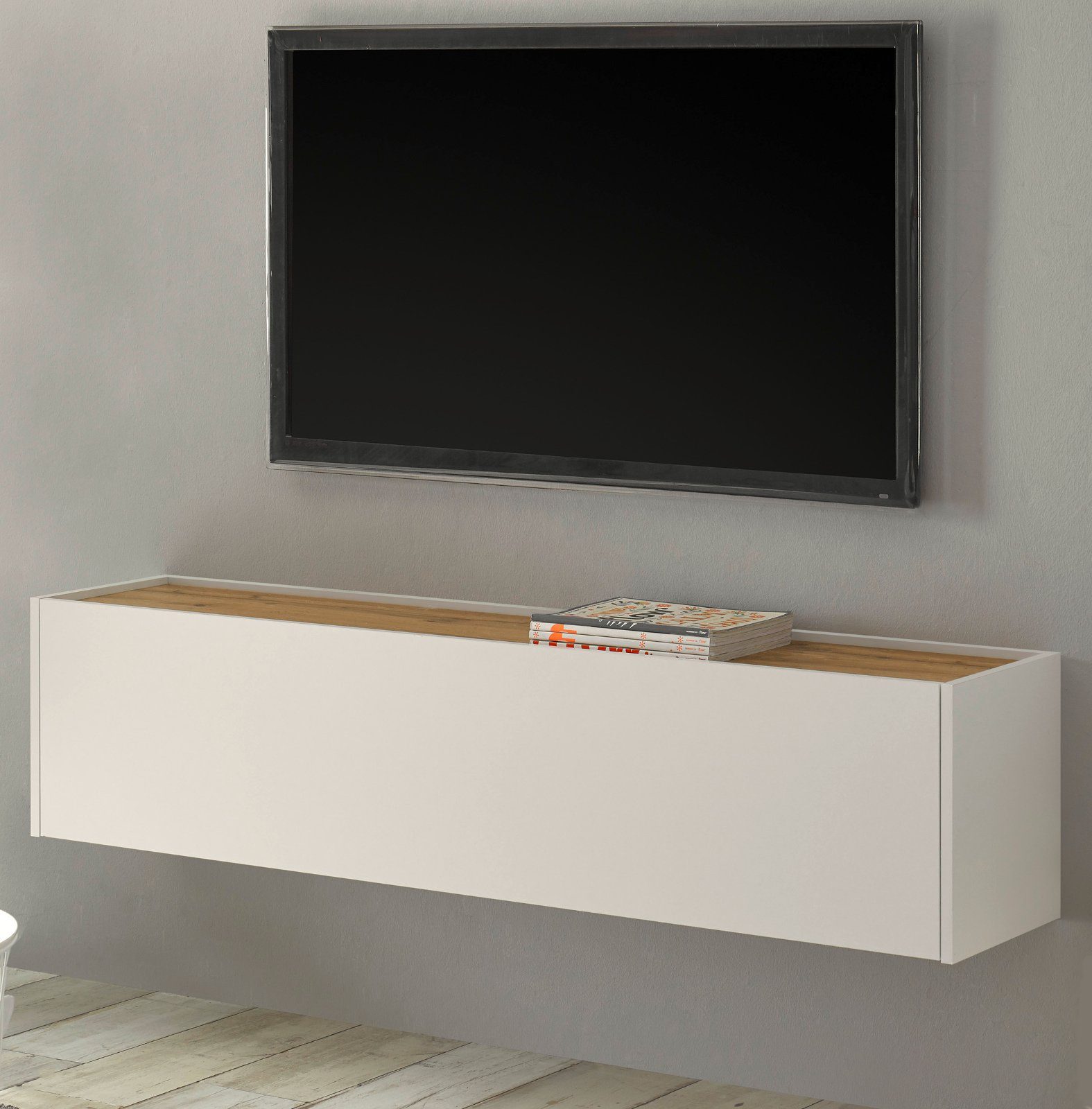 GuenstigEinrichten Lowboard Center (TV Board in weiß mit Wotan Eiche, 150 x  35 cm), Wandmontage
