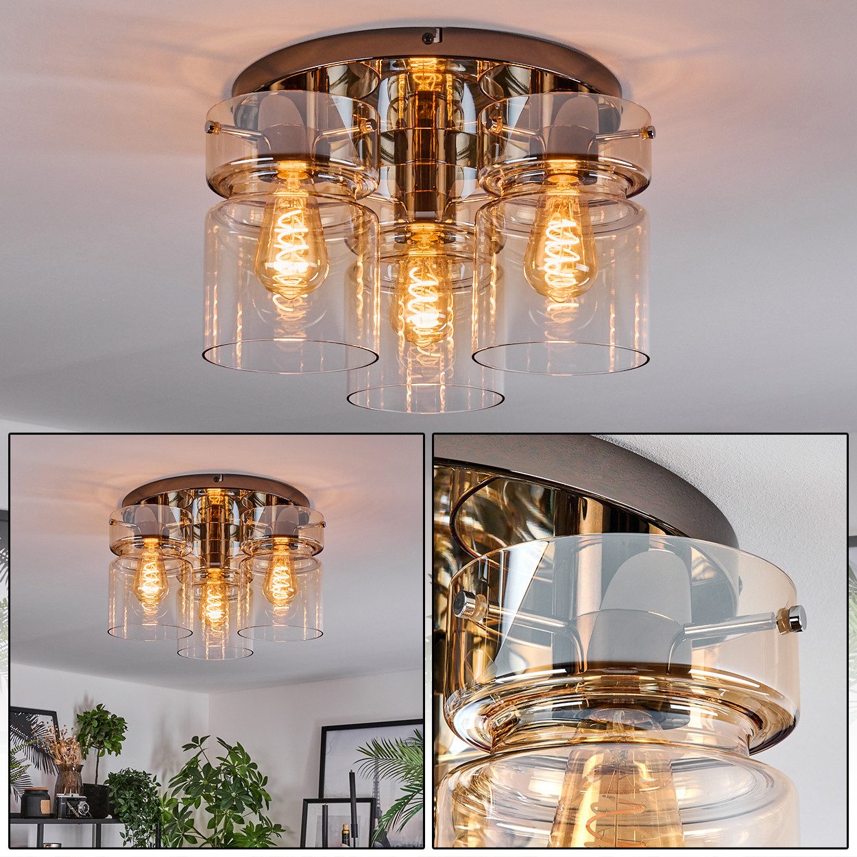 hofstein Deckenleuchte 3-flammige Deckenlampe aus Metall/Glas in Chrom/Bernsteinfarben/Klar, ohne Leuchtmittel, Leuchte im Retro/Vintage-Design (Schirme Ø 15 cm), E27, Esszimmer