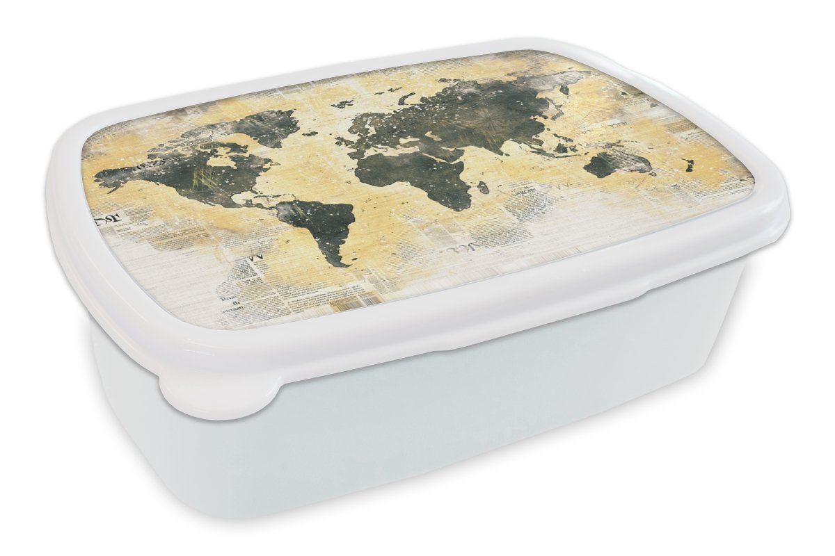 MuchoWow Lunchbox Weltkarte - Gold - Zeitung, Kunststoff, (2-tlg), Brotbox für Kinder und Erwachsene, Brotdose, für Jungs und Mädchen weiß | Lunchboxen