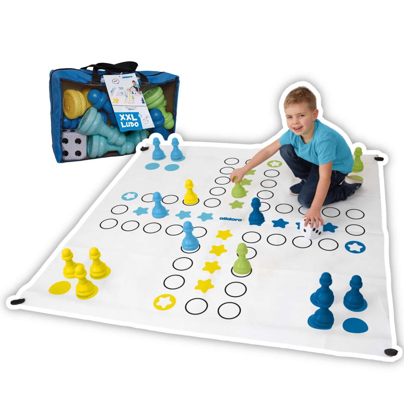 alldoro Spiel XXL Riesen Ludo, Brettspiel-Klassiker im Jumbo Format, 150 x 150 cm, XXL Ludo, indoor & outdoor, für 4 Mitspieler, geeignet für Kinder ab 3 Jahren
