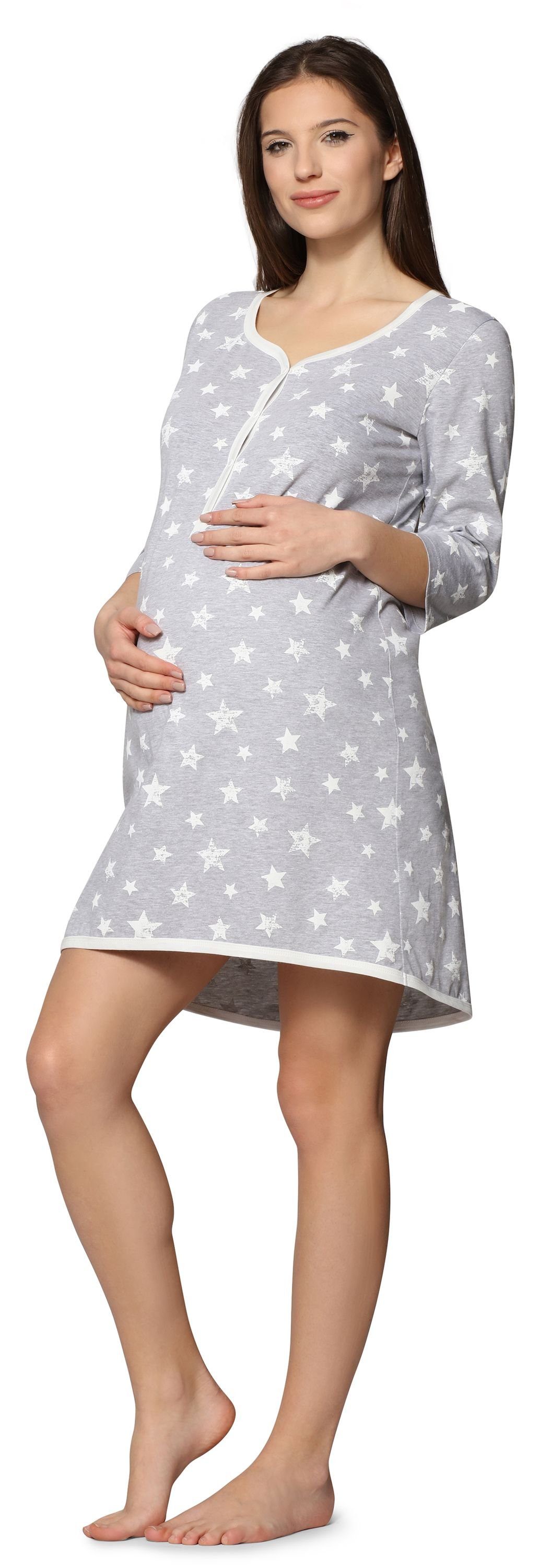 Be Mammy Umstandsnachthemd Damen Umstands Nachthemd mit Stillfunktion BE20-176 (1-tlg) MelangeSterneCreme