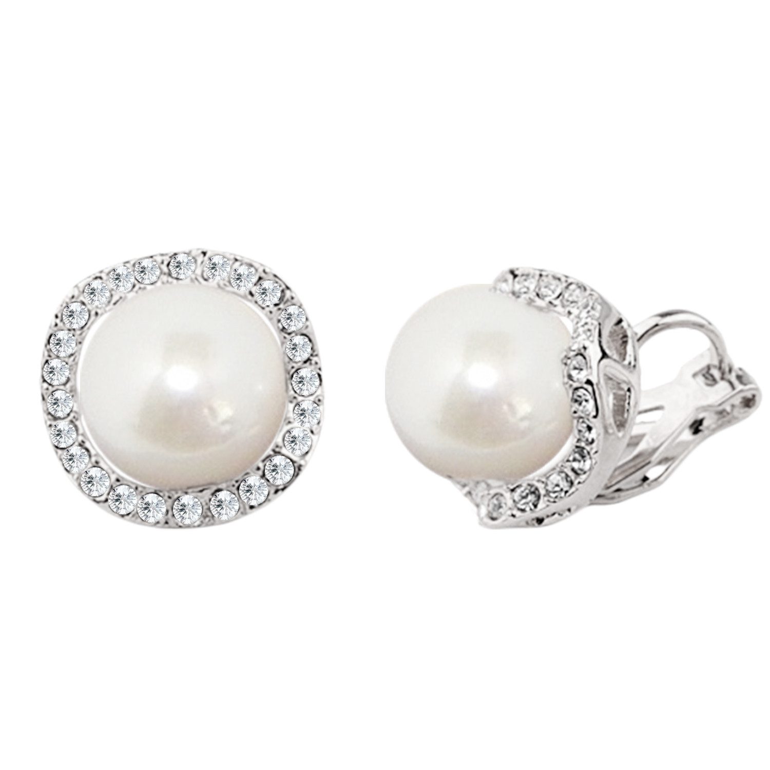 LÖB Paar Ohrclips 750er Weißgold Vergoldet Ohrclips Perlen Ohrringe Zirkonia Clips Weiß (Geschenke für Frauen Beste Freundin Mutter Mama Damen zum Geburtstag Weihnachten Weihnachtsgeschenke), 18 Karat Damen Perlenohrringe Ohne Ohrloch Rund Brautschmuck Silber